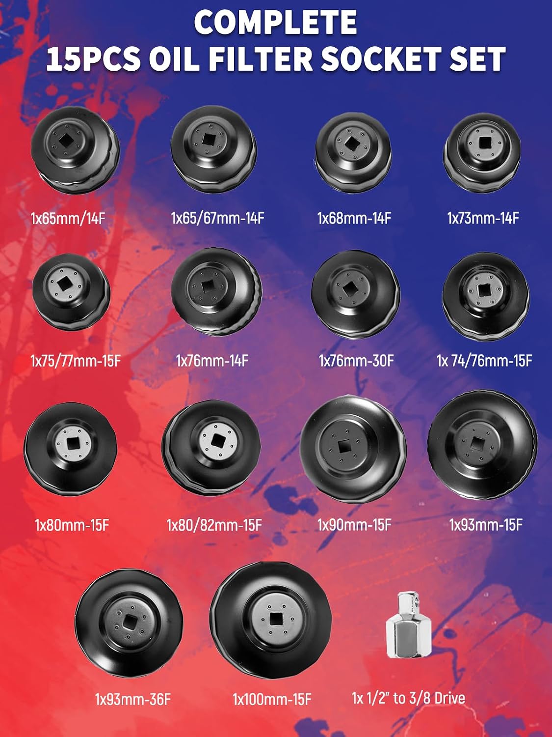 Oil Filter Socket Set 15pcs Oil Filter Cap Wrench Tool Set with 1/2'' Adaptor Compatible with Toyota VW BMW Mercedes for 3/8" or 1/2" square drive wrenches