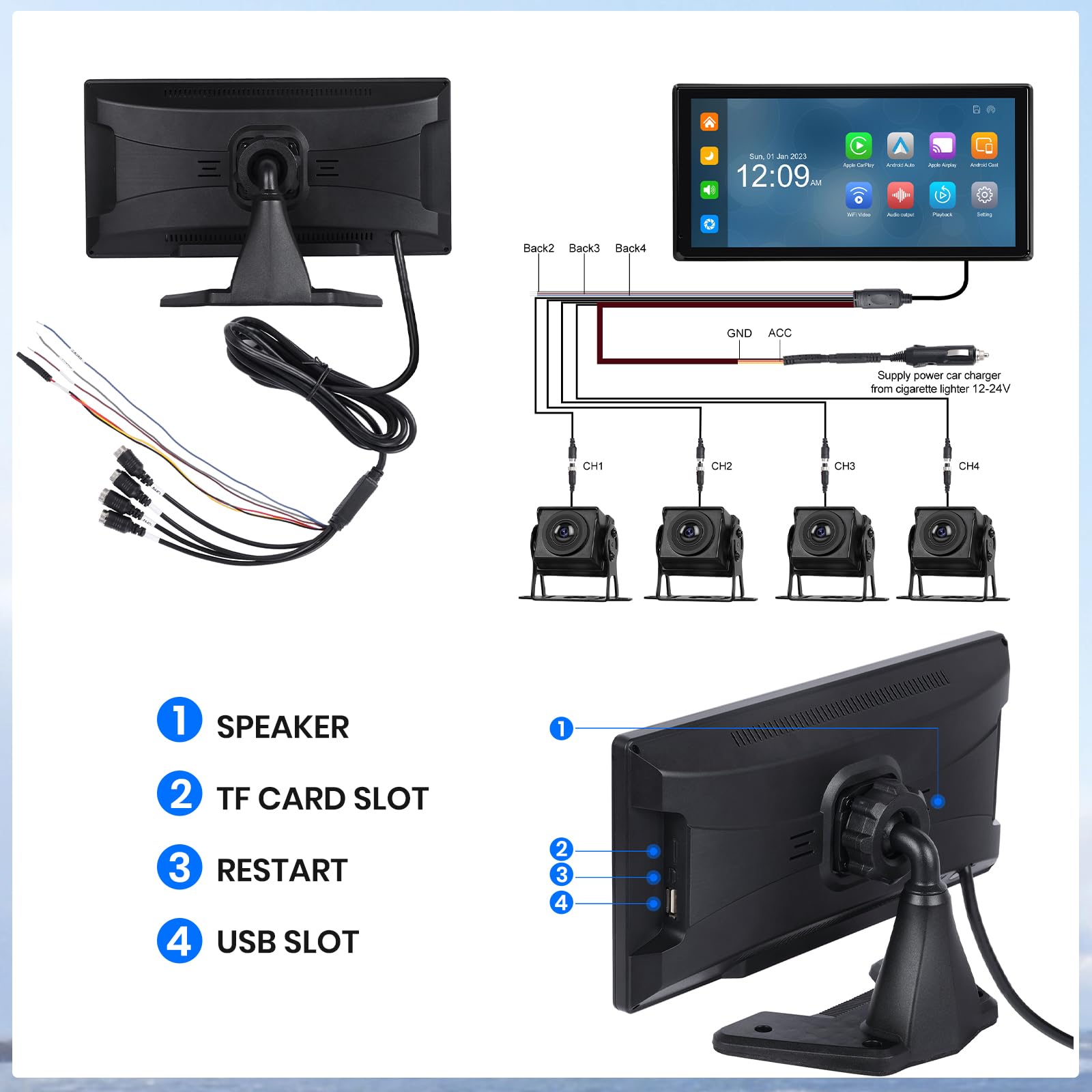 Hodozzy Kit Caméra de Recul 4K avec 4 Caméra AHD Filaire, CarPlay sans Fil Android Auto, Voiture Écran Tactile 10,36 Pouces 4 Split Moniteur, Bluetooth, FM Loop Recording USB/TF Écran CarPlay