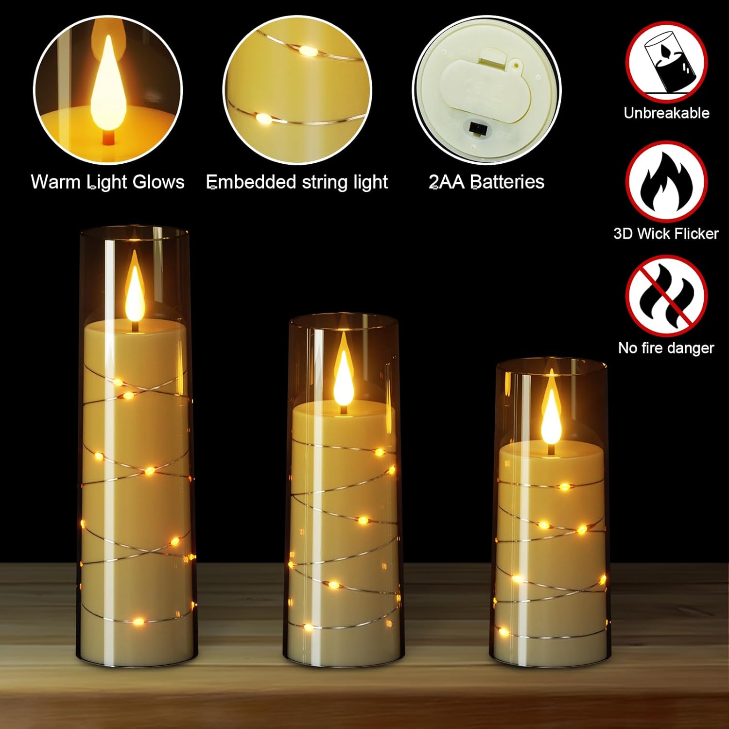 Flameless Candles with Remote Timer, Embedded String Lights Candles Acrylic Flickering, Battery Operated LED Pillar Candles, 7 Pcs Unbreakable, Black, 2.3x5/5/5/6/6/7/7 inches