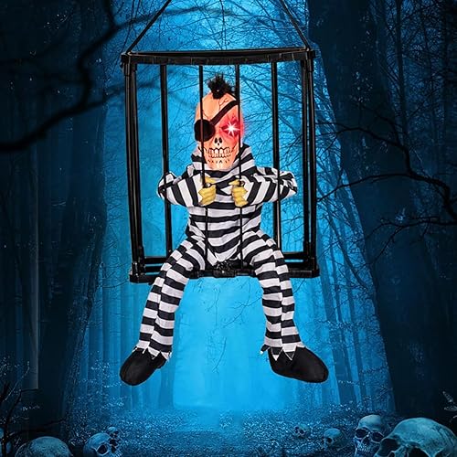 Miniatura 3 de Fsocpen Animated Halloween Decorations,Scary Screaming Skull Cage Prisoner Halloween Decoration,Light Up Eyes Spooky Scary Cage Ghost Clown Prisoner