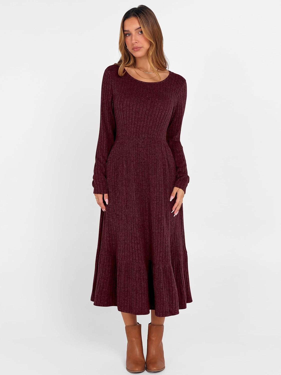 ANRABESS Womens Long Sleeve Midi Dress Spring Rib Knit Crew Neck A Line Soft Flowy Swing Dresses with Pocket Casual Trendy - Image 6