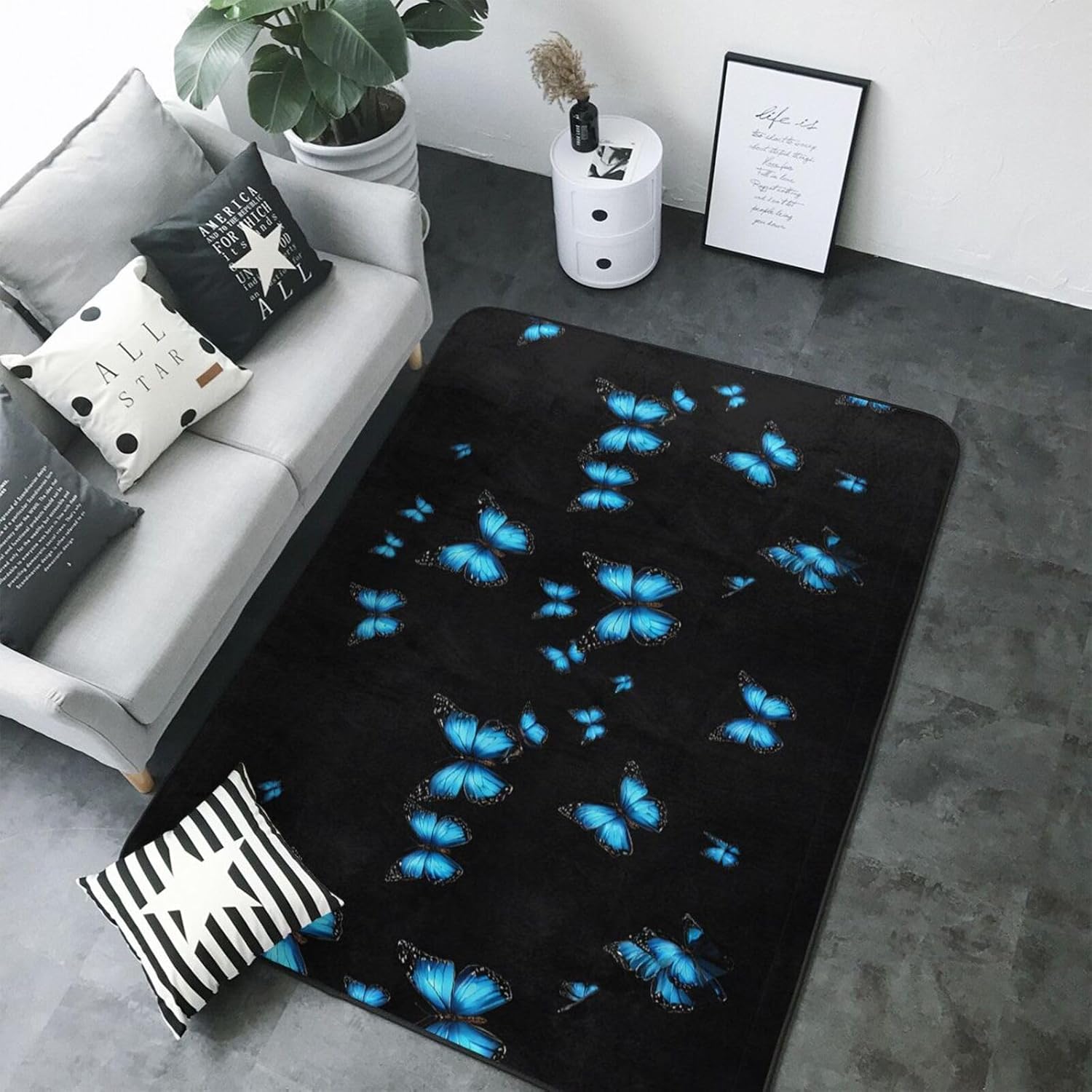 Flannel Non-Slip (Beautiful Blue Butterfly) Rug Pad 80×50in Soft Washable Protective for Hardwood Floors Bedroom Bathroom Living Room