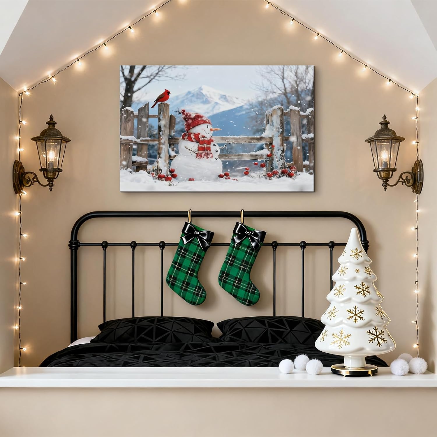 Snowman Red Cardinal Framed Christmas Canvas Wall Art for Living Room, Winter Snowy Fence with Berries Pictures, Nature Landscape Wall Decor for Bedroom, 12 x 16 mas Poster Artwork