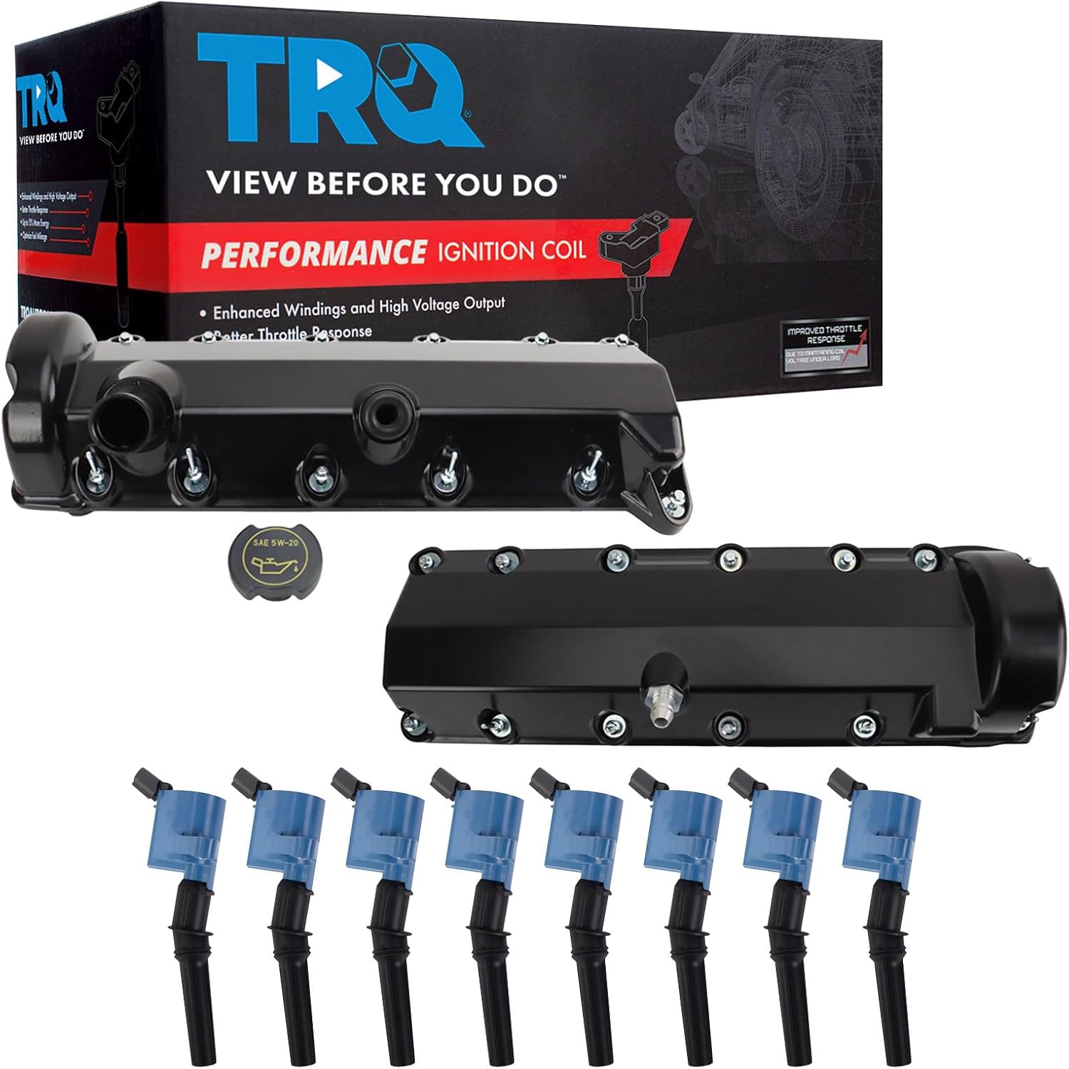 TRQ Ignition Coil Kit 10 Piece Valve Cover Compatible with 1997-2004 Ford Expedition F-150 Heritage F-250 Super Duty F-350 Super Duty 2000-2003 Excursion 1999-2000 Mustang 1998-1999 Lincoln Navigator
