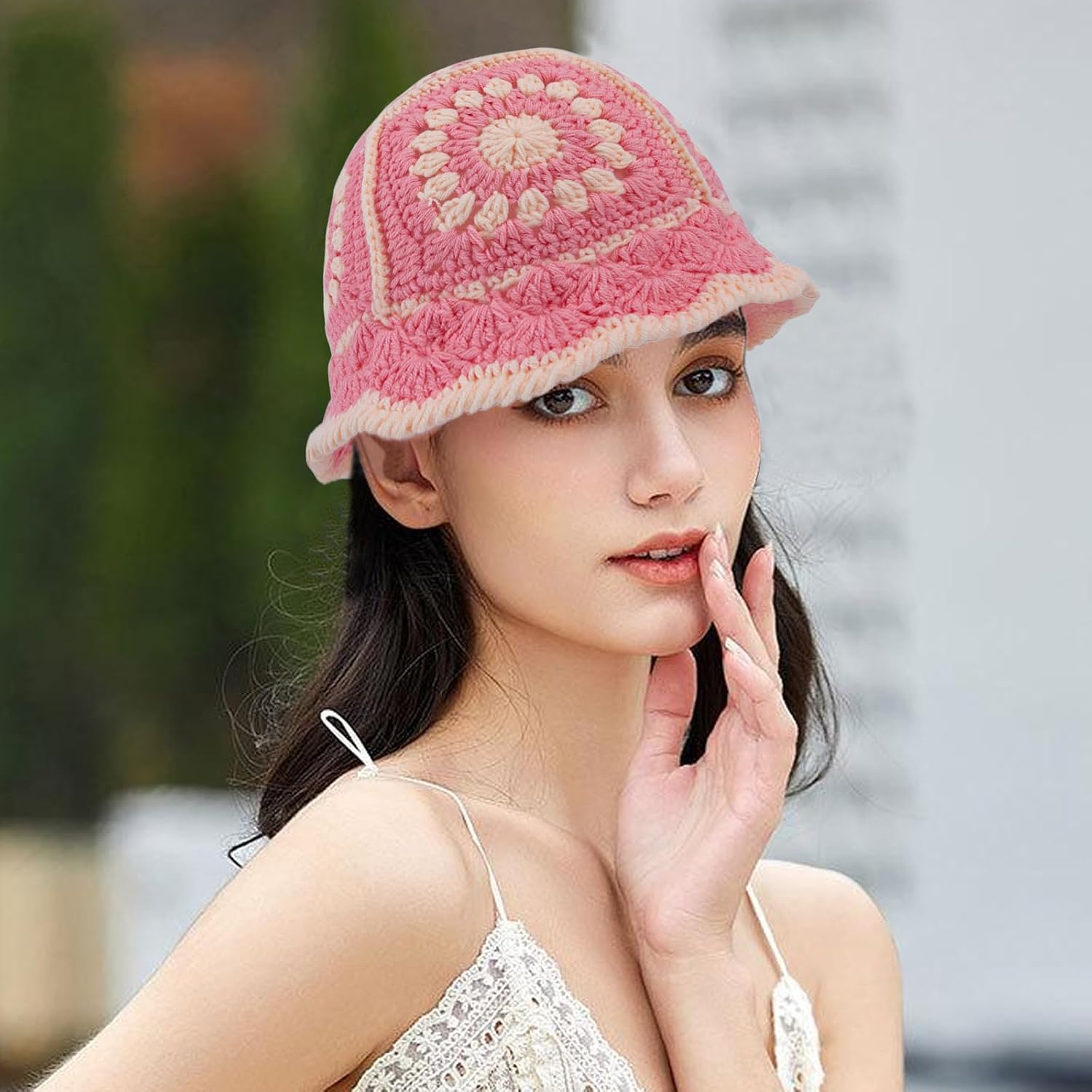 Women Crochet Hat Floral Crochet Bucket Hat Knitted Hats Fish Hat Travel Outdoor Handmade Knit Hats Fishing Hat Beach Hat
