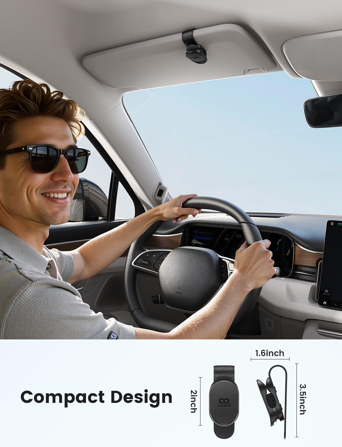 Lamicall Sunglasses Holder for Car Visor - [Auto-Lock] Car Glasses Holder with Soft Foam & Anti-Scratch Silicone, Leather Eyeglasses Clip for Different Size Eyeglasses, Car Visor Accessories - Black — view 7