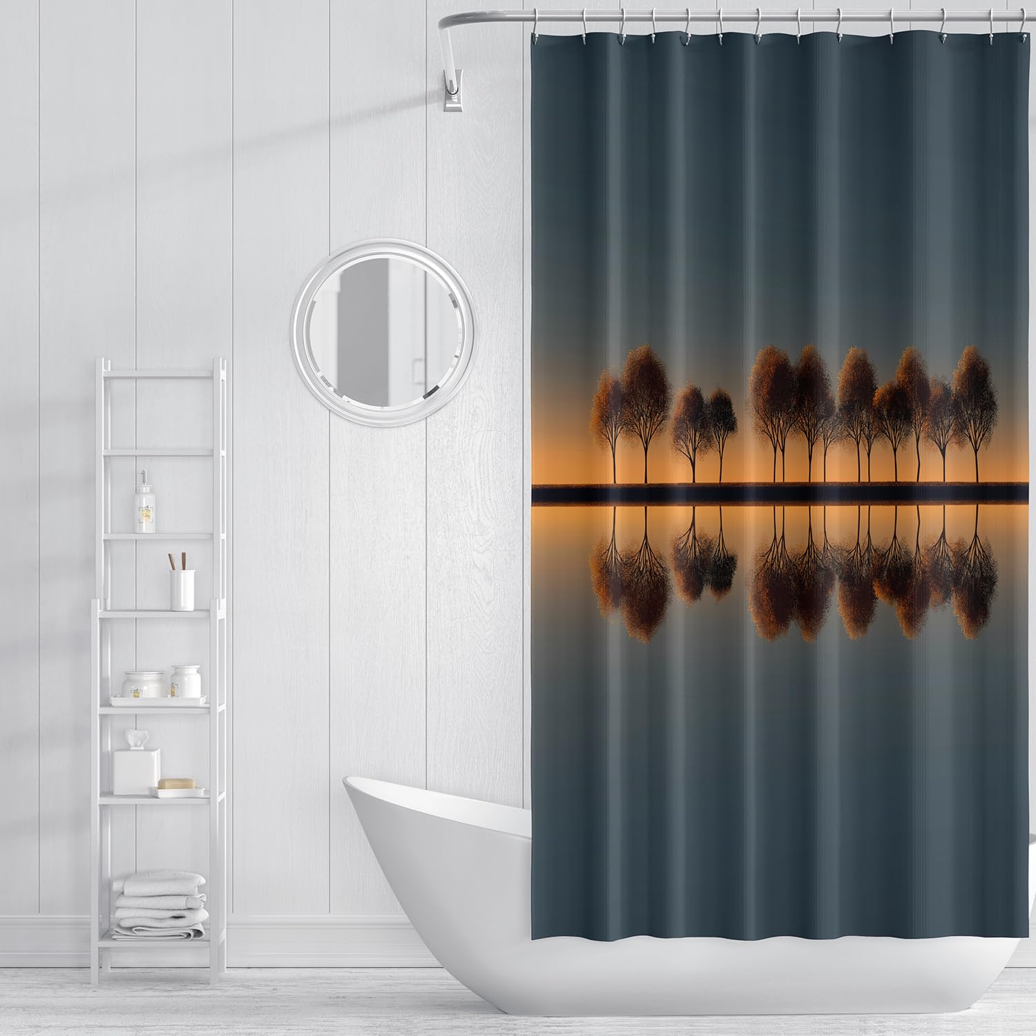 Cortina de Ducha con Paisaje Otoñal,Cielo Crepuscular Degradado con Siluetas de Árboles Dorados,con Ganchos de Plástico,Lavable a Máquina y Secado Rápido,Ideal para La Decoración de La Bañera