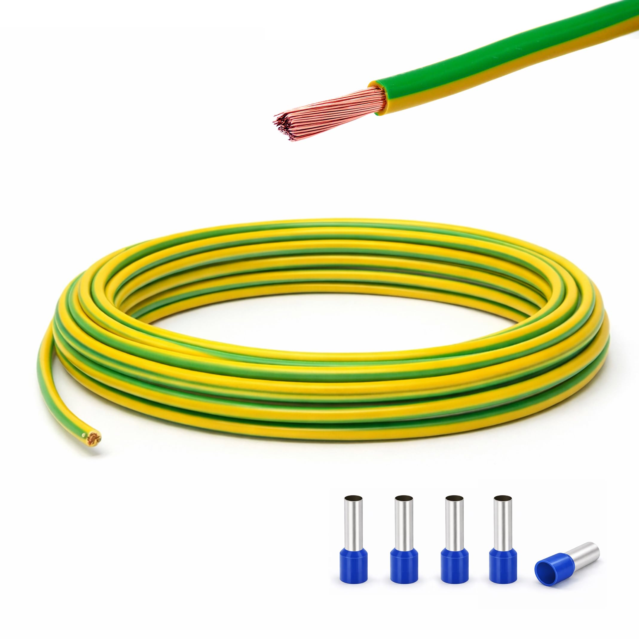 Event-Kabel&more-Set Erdungskabel 16mm² - Grün/Gelb - H07V-K - Erdungsleitung Aderleitung feindrähtig flexibel (5-100m) inkl. 5 Aderendhülsen (10 Meter)