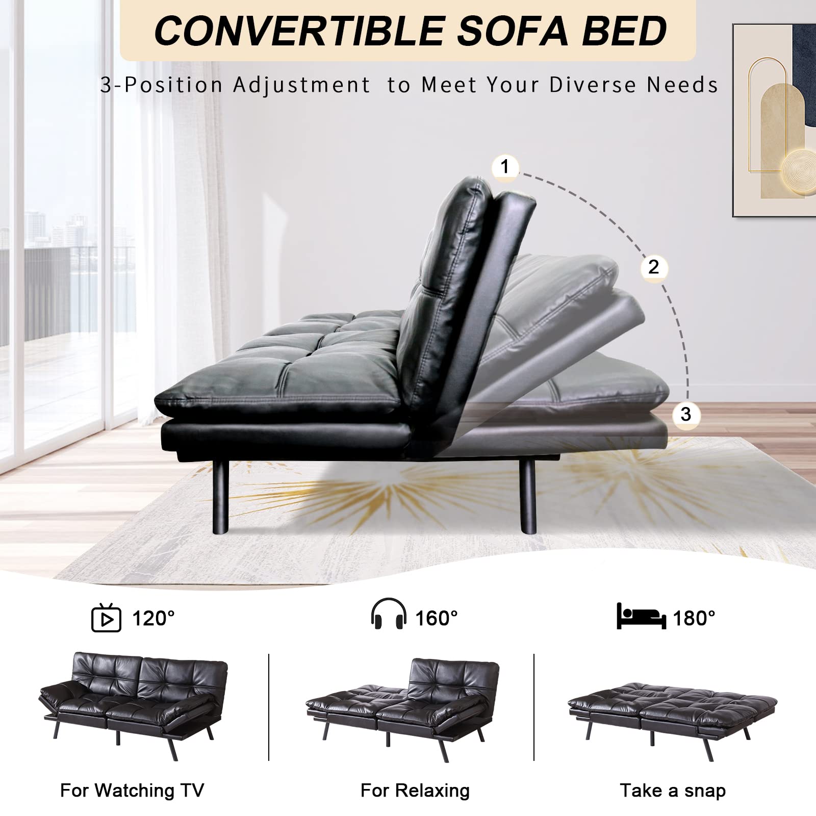 Opoiar futon Convertible Sofa Bed Faux Leather futons Couch Black