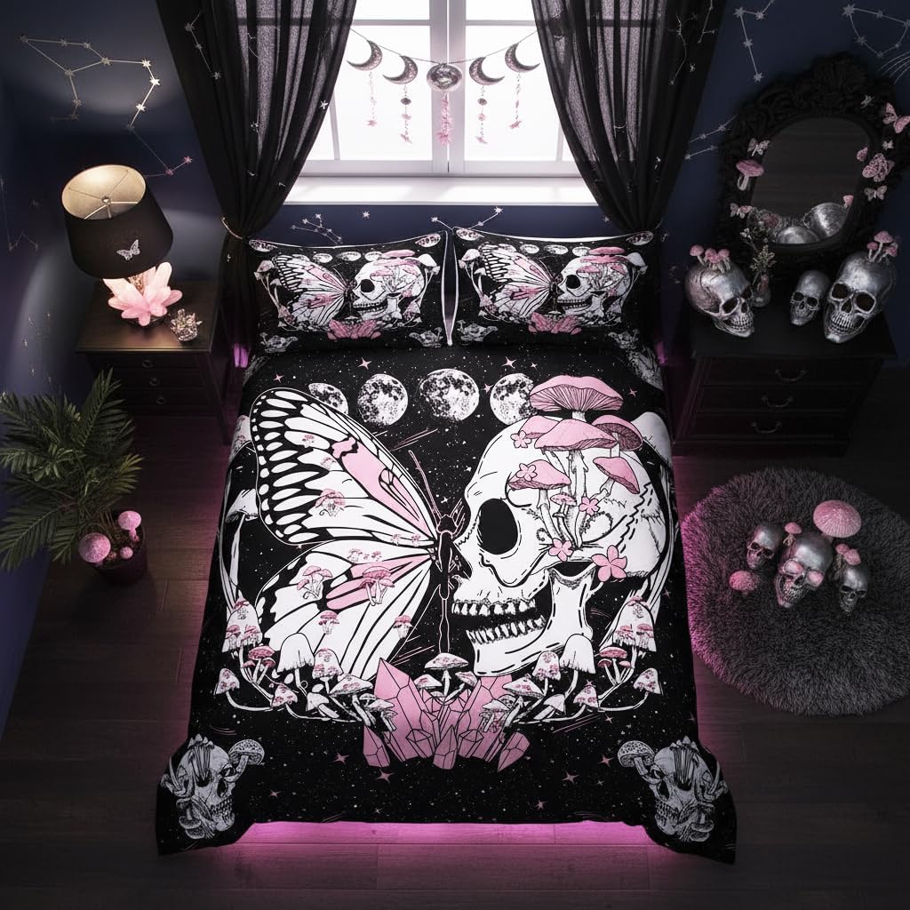 Moth Skull Duvet Cover Full Size Pink Butterfly Mushroom Bedding Set Starry Galaxy Moon Comforter Cover 3Pcs for Kids Teens Girls Boys Bedroom Decor Wild Animals Plants Quilt Cover,2 Pillowcases