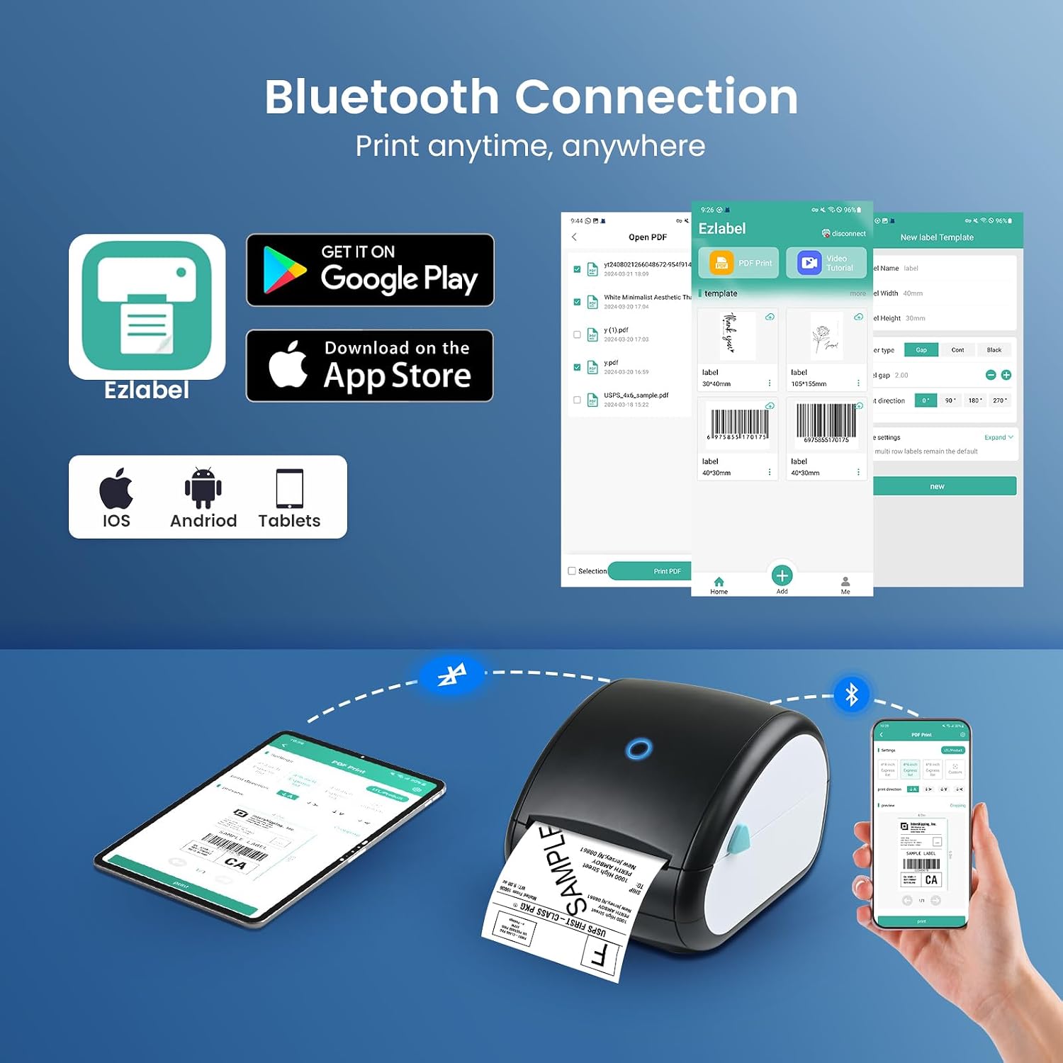 Step-by-step guide on how to print labels from a smartphone using the Ezlabel app with the BORN4SHIP thermal label printer, including app download, Bluetooth pairing, and print settings.
