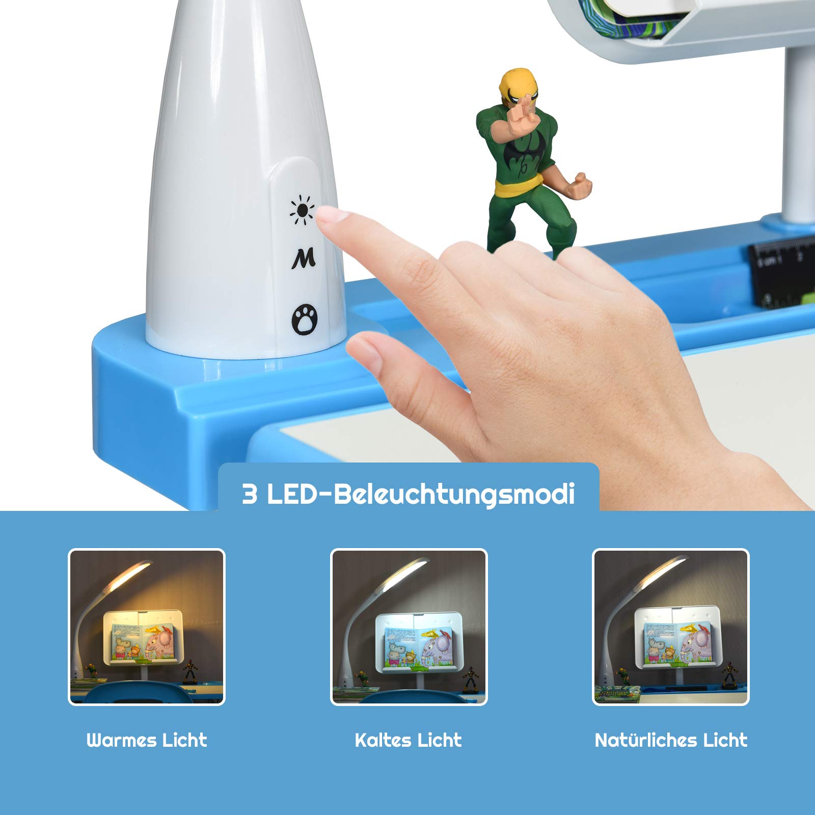 DREAMADE höhenverstellbarer Kinderschreibtisch mit Lampe & Bücherständer, Schülerschreibtisch Jugendschreibtisch neigungsverstellbar, Schreibtisch Set für Kinder mit Stuhl und Schublade (Blau)