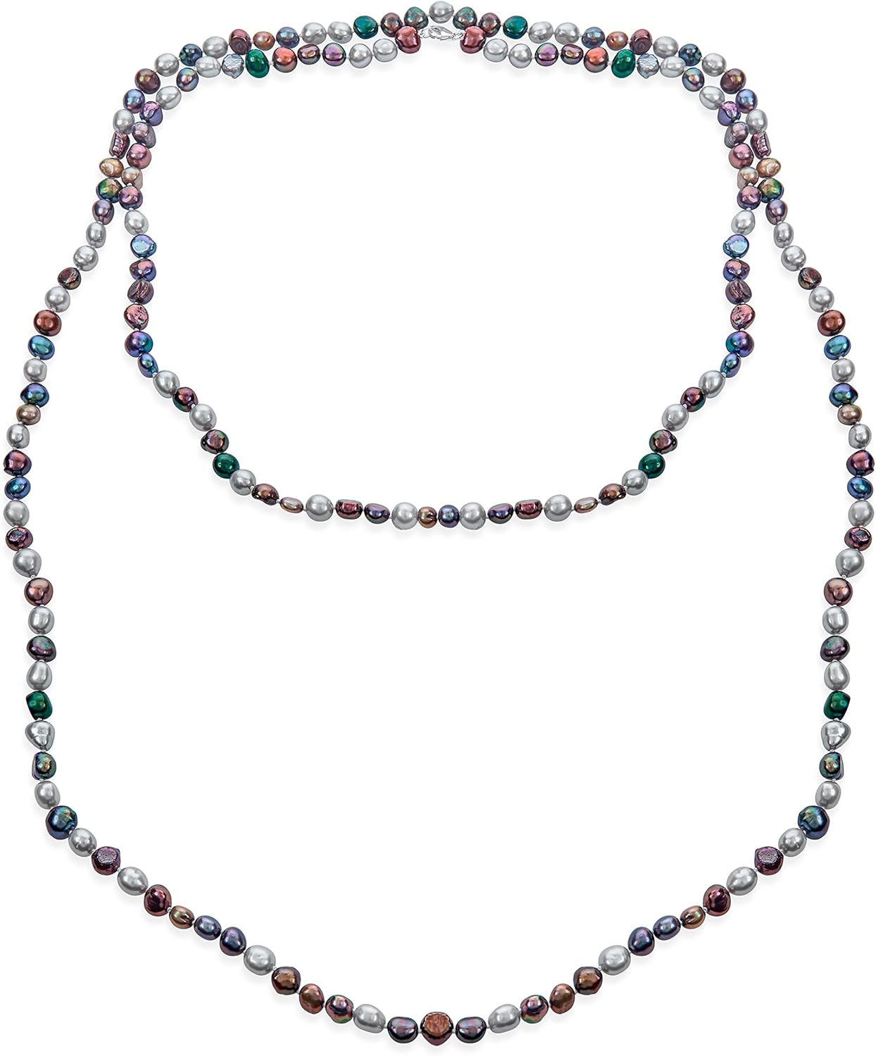 Multi Color Earth Tone Shades Freshwater Cultured Long Strand Pearl Necklace For Women .925 Sterling Silver 54 Inch
