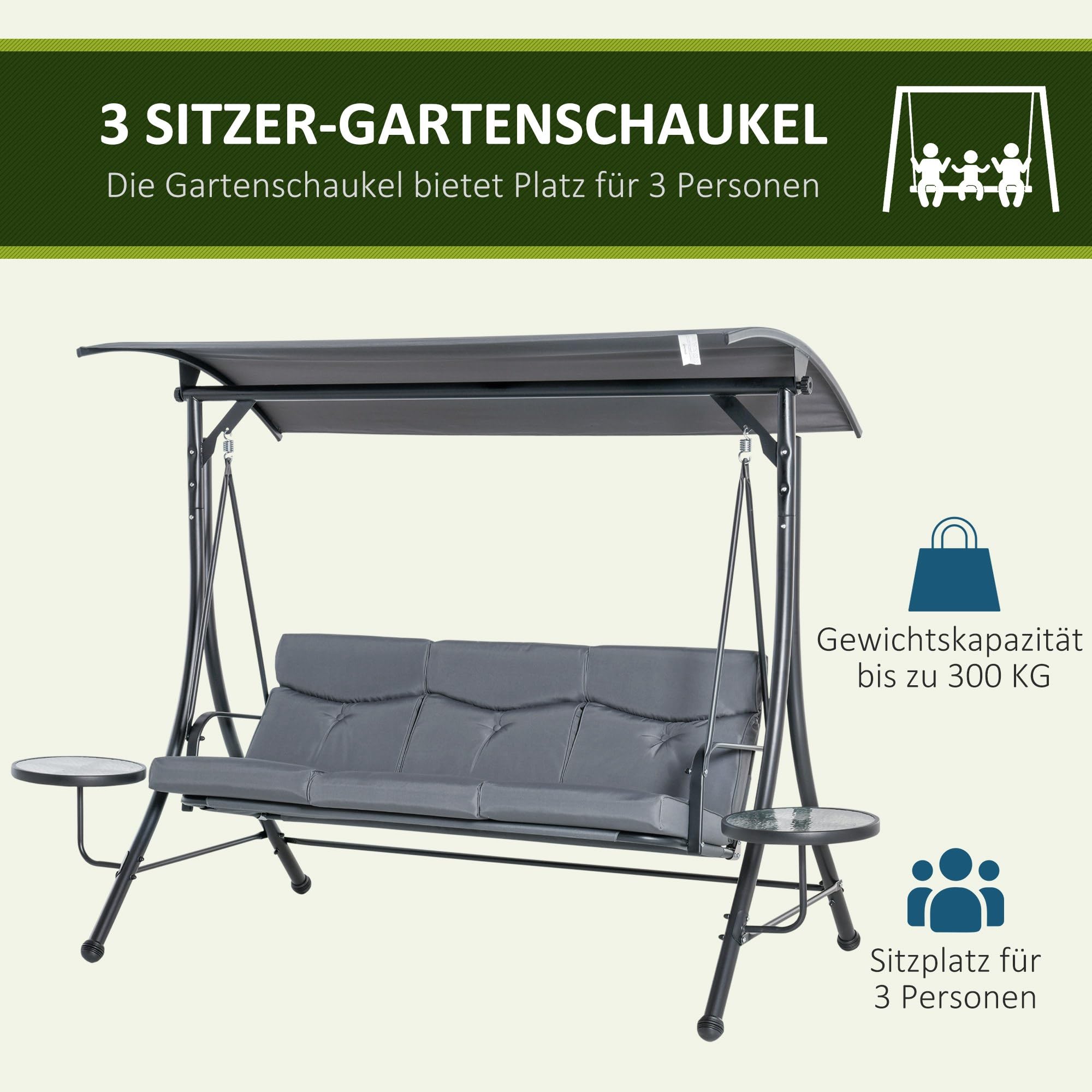 Outsunny Hollywoodschaukel mit Couchtische, 3-Sitzer Gartenschaukel mit verstellbarem Sonnendach, Schaukelbank belast bis 300kg, für Garten, Terrasse, 271 x 125 x 172 cm, Grau