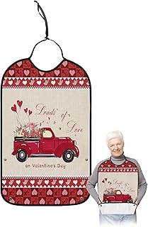BOBOWUNY Valentines Day Adult Bibs for Elder Women Men Eating, Red Checkered Truck with Flower Love Heart Waterproof & Washable Bibs for Eating Clothing Protector Dining Bibs for Crumb Catcher