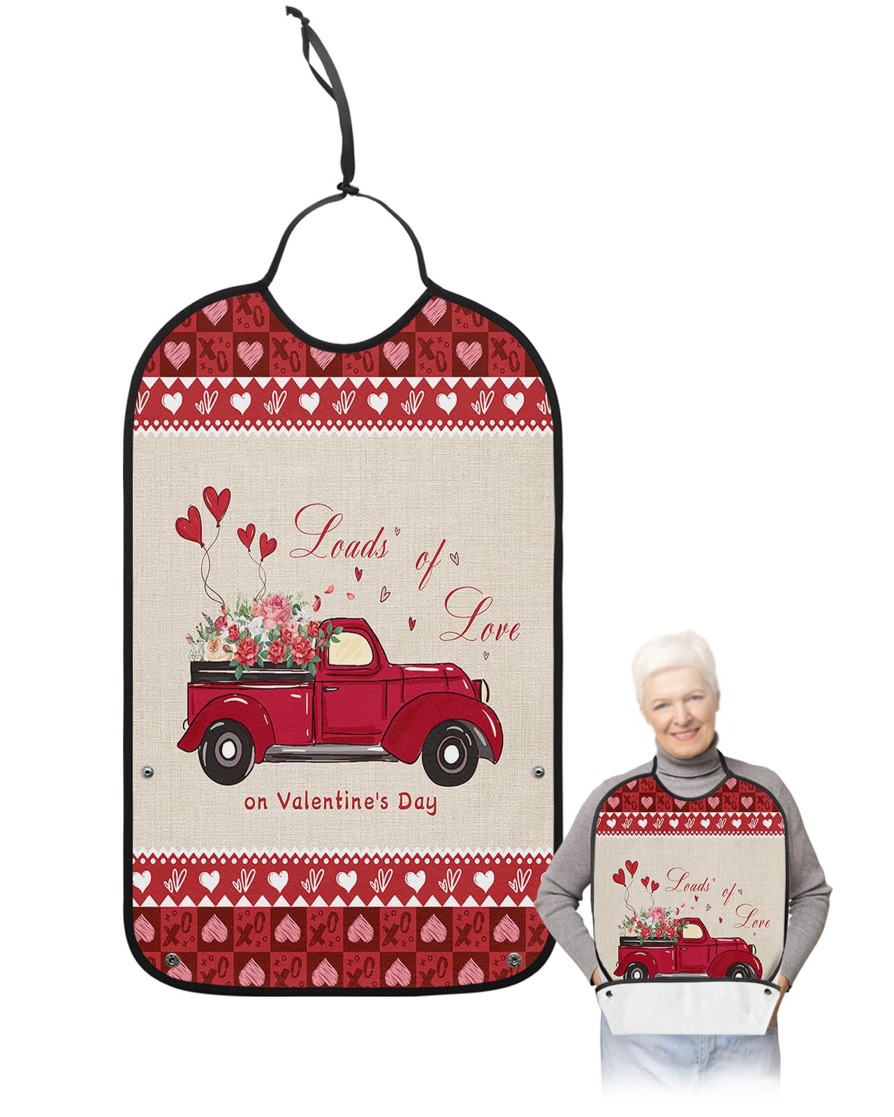 LEOKOTI Valentines Adult Bibs for Eating, Waterproof Bibs with Food Catcher & Adjustable Snap Closure, Red Checkered Truck with Flower Love Heart Clothing Protectors Adult Bibs for Elderly Women/Men