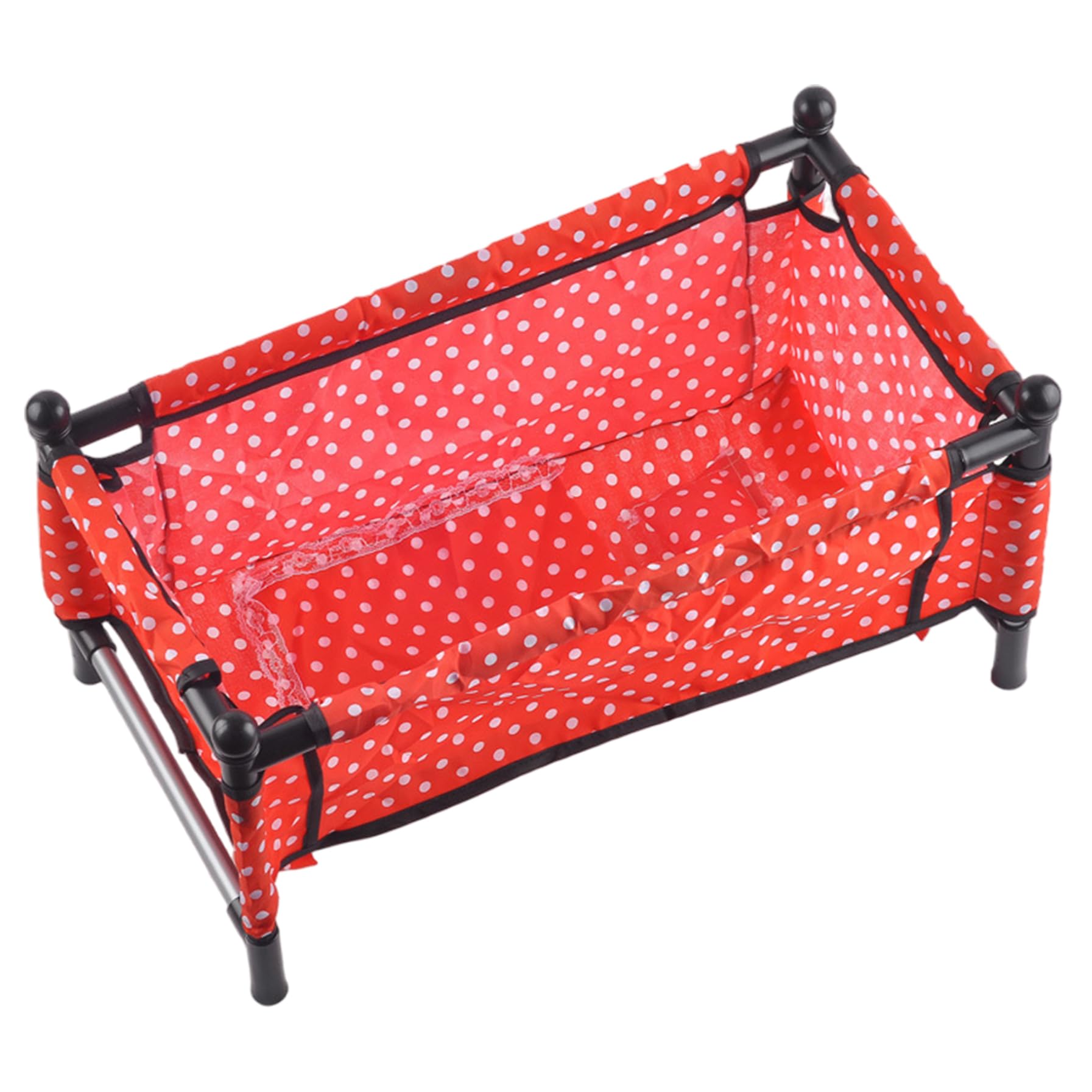 Lit bébé poupée pliable rouge points blancs et accessoires poussette - 6