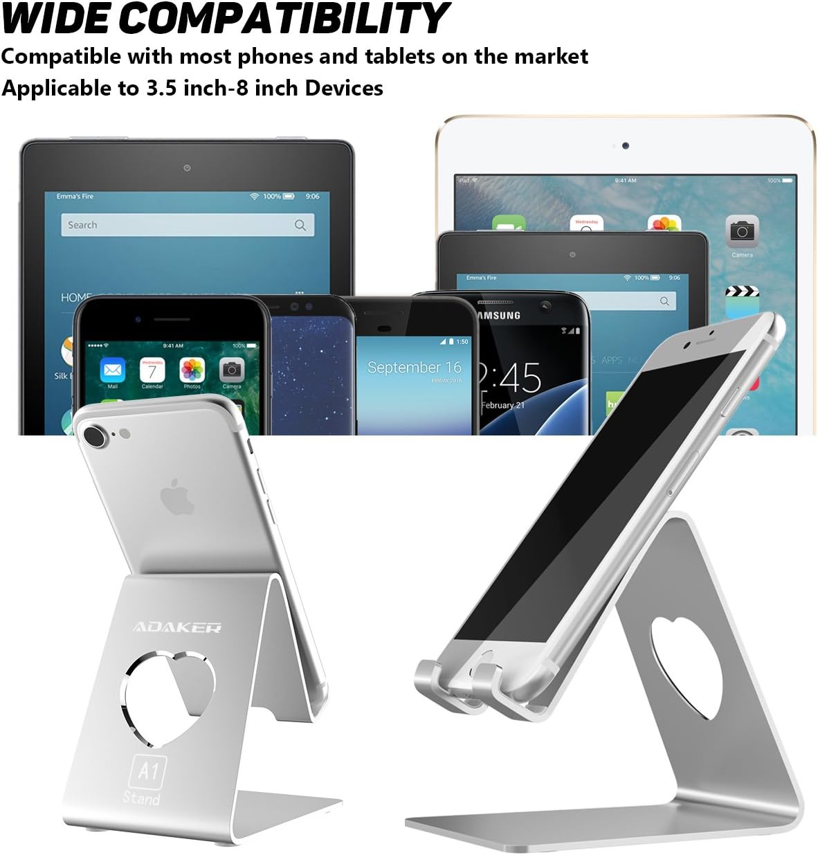 Adaker Cell Phone Stand,iPhone Dock,Desktop Cradle,Stand for Switch, All Android Smartphone,iPhone 6 6s 7 8 X Plus 5 5s 6c All-New Fire Tablet Charging, Phone Accessories Desk,Silver