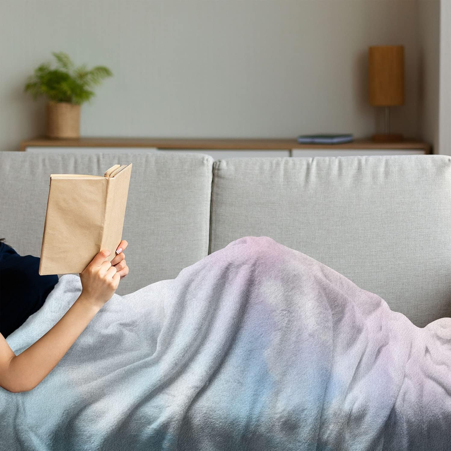 Lunarable Clouds Throw Blanket, Fluffy Dreamy Gradient Faded Pastel Cloud Ethereal Fog Sublime Rainbow Featured Print, Flannel Fleece Accent Piece Soft Couch Cover for Adults, 50" x 70", Blue Pink