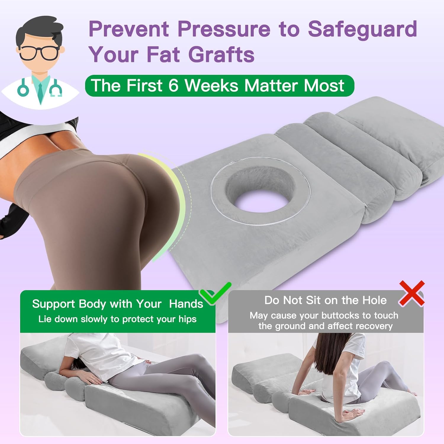 BBL Bed After Surgery for Sleeping – Ergonomic BBL Pillow Designed for Brazilian Butt Lift, High-Density Pressure-Relief Foam, Removable Velvet Cover, BBL Recovery Must Haves (67x22x6.3in)