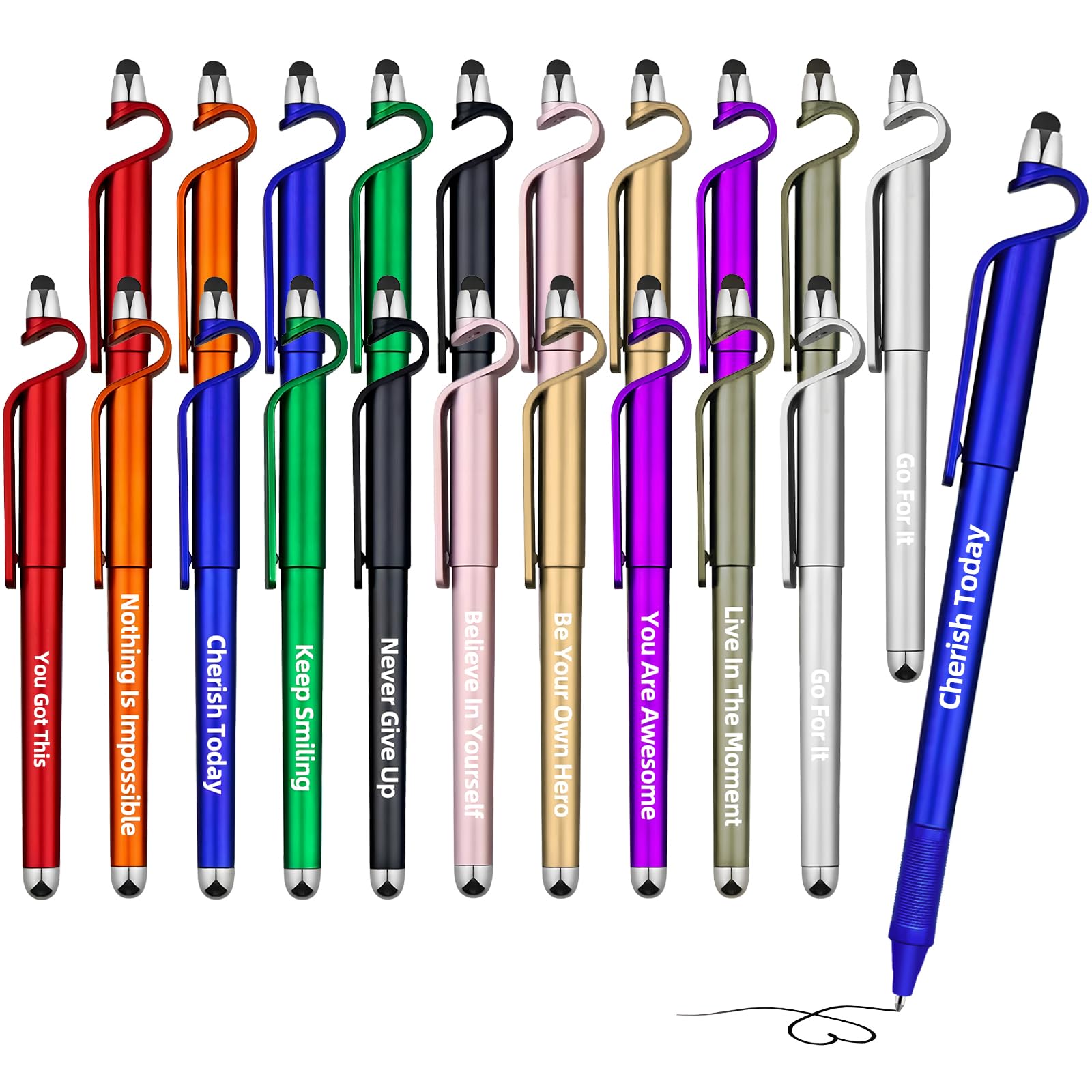 Hayunfiys 20 Pcs Motivational Ballpoint Pens Batch, Office Snarky Phone Holder and Touch Screen Stylus Pen, Black Ink Encouragement Quotes,