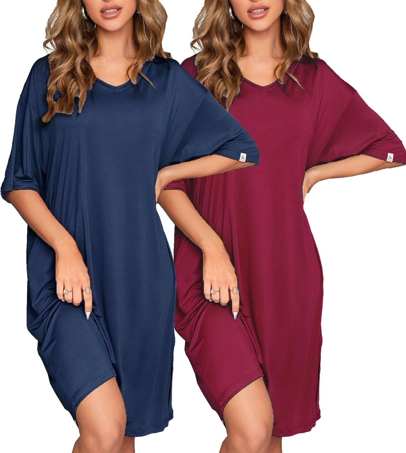 ft FENTENG 2-Pack Women's Nightgowns Short Sleeve Nightshirt V Neck Soft Sleepwear Casual Sleepshirts Loose Pajama Dress