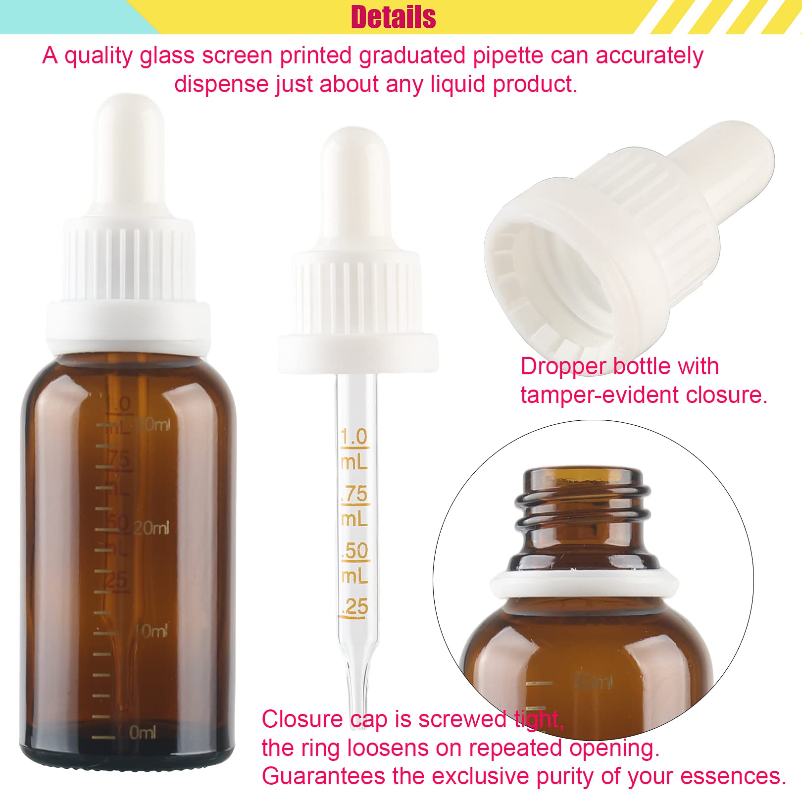 24 Pezzi Vuoto 30 ml Ambra Bottiglie Contagocce Graduato in Vetro, Marrone Flaconi con Pipetta Contagocce e Chiusura a Prova di Manomissione Bianco, per Aromaterapia, Olio Essenziale