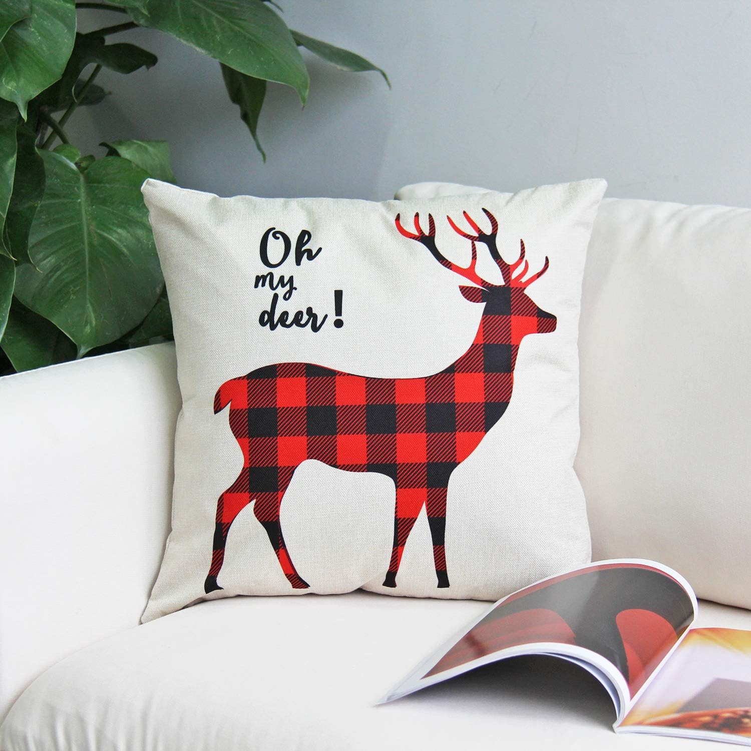 JOJUSIS Christmas Throw Pillow Covers for Home Decor Christmas Tree Dear Car Buffalo Check Black and Red Set of 4 18 x 18 Inch