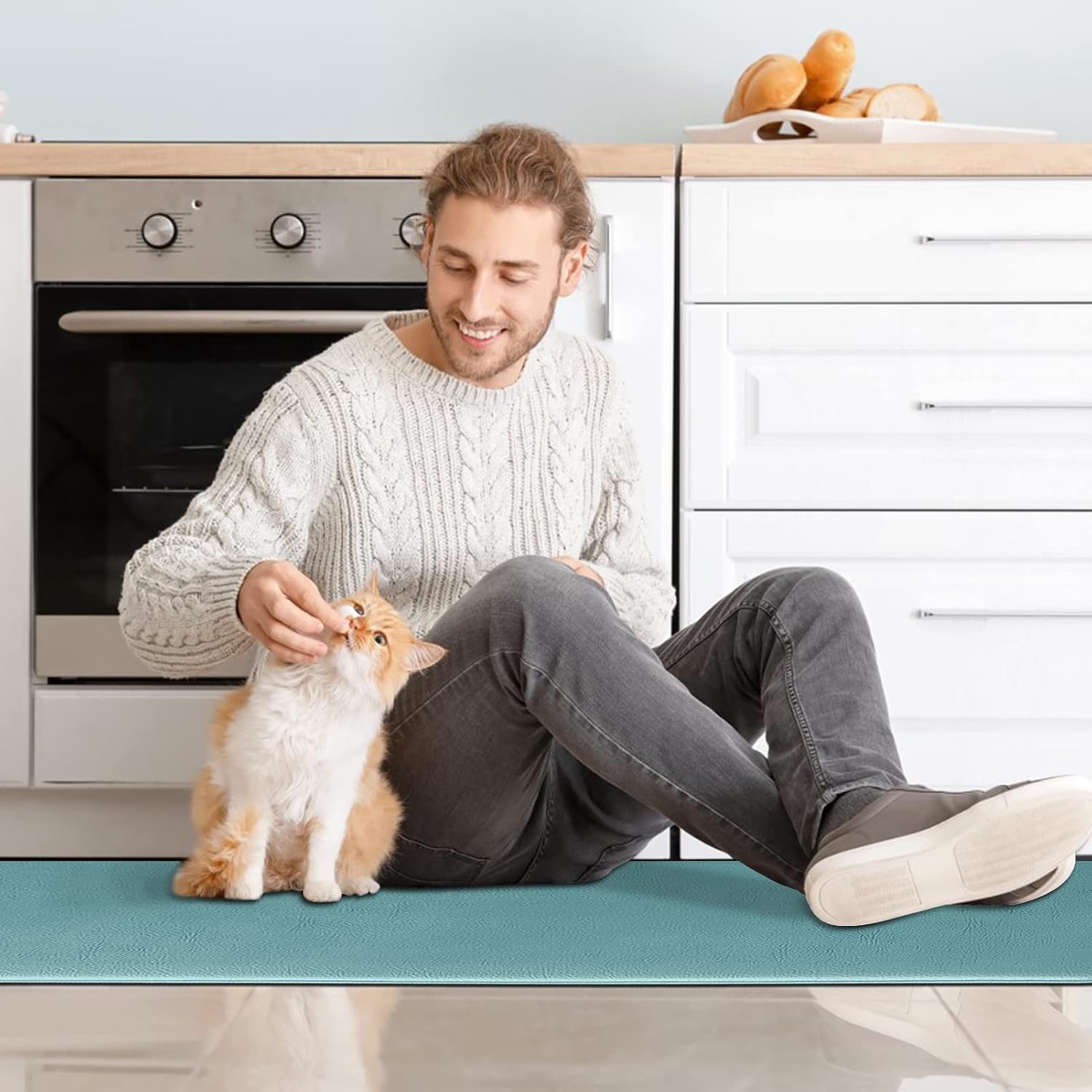 Kitchen Rugs 2 PCS Cushioned Anti-Fatigue Floor Mat, Waterproof Non-Slip Kitchen Mats and Rugs Comfort Standing Foam Mat for Kitchen, Office, Floor Home, 17.3"x30"+17.3"x59", Turquoise