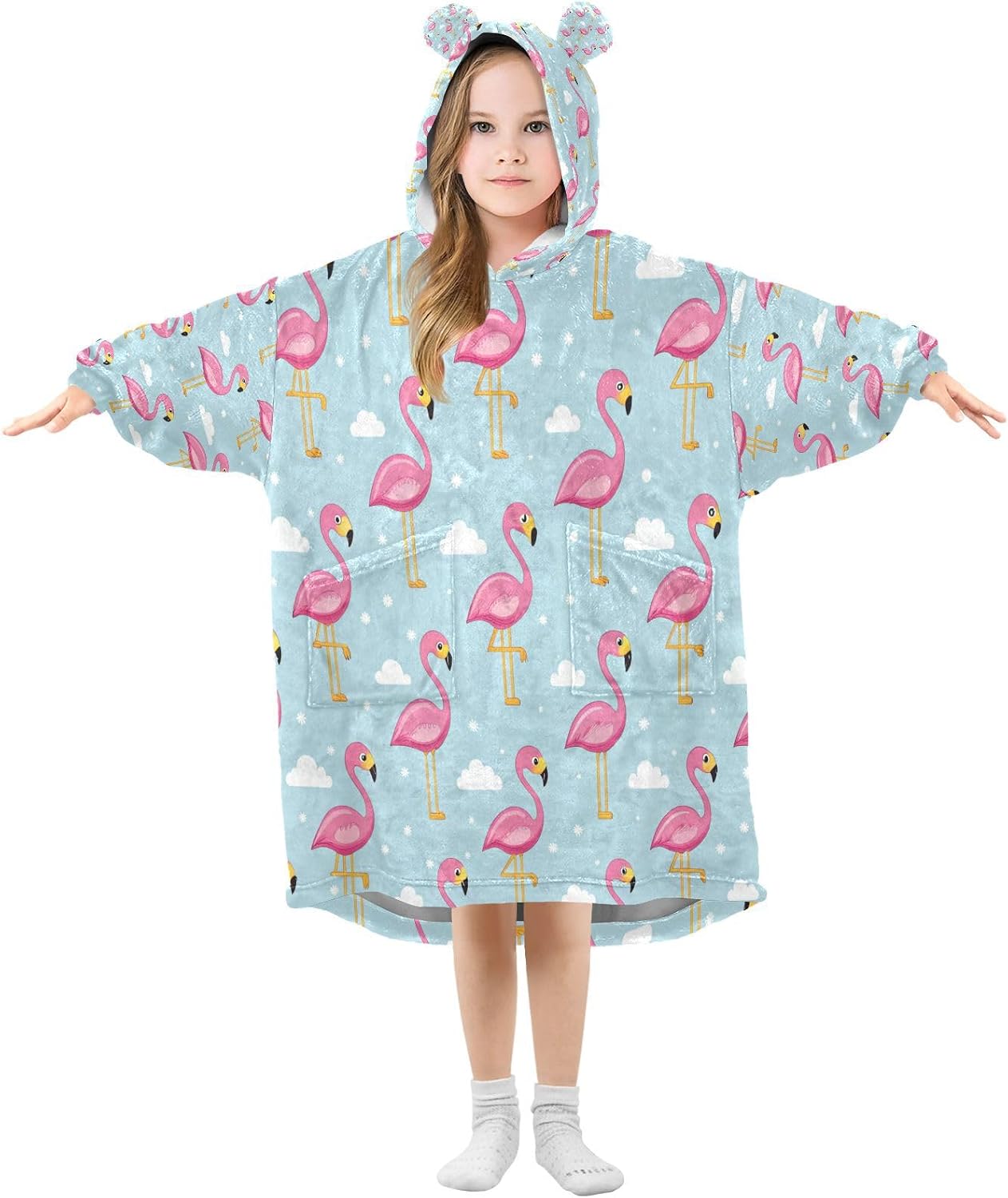 Kigai Flamingo Wearable Blanket Hoodie for Kids Oversized Hooded Sweatshirt Flannel Blanket with Pocket