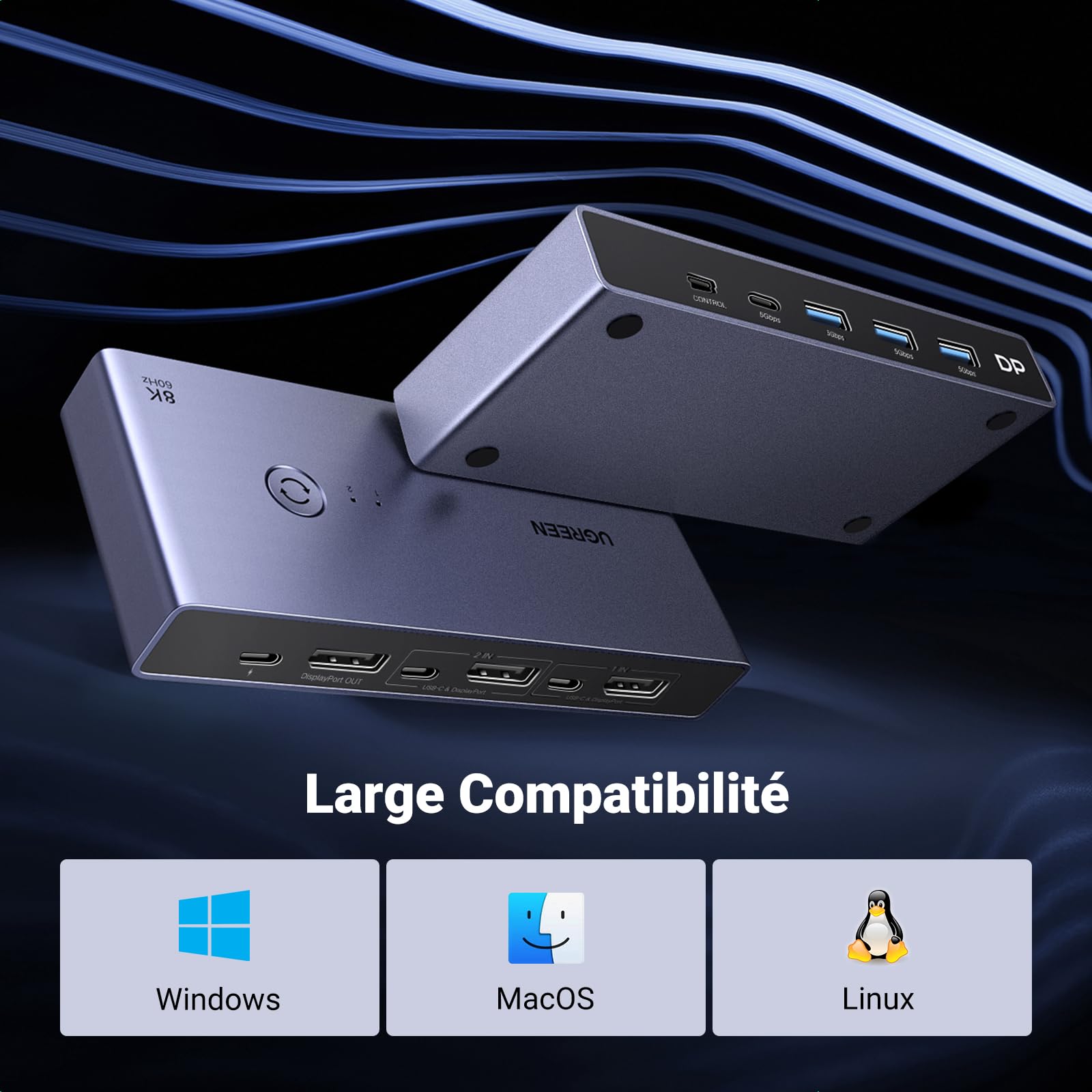 UGREEN Switch KVM Displayport 1.4 8K 60Hz 2 Entrées 1 Sortie Commutateur | 4K 240Hz USB C 3 USB A pour Clavier Souris Disque Dur Imprimante Moniteur avec Contrôleur de Bureau 2 Câbles DP 1M