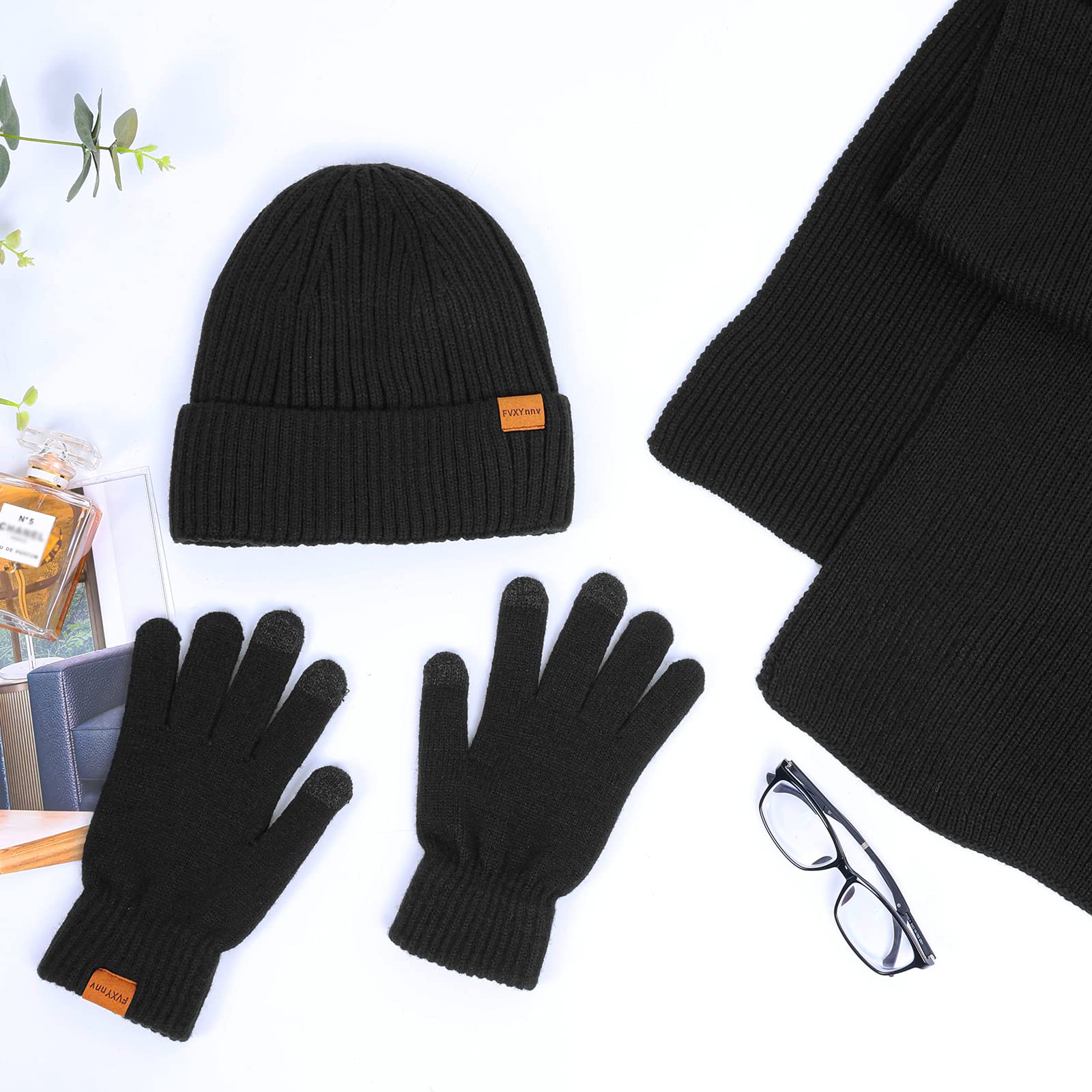 Ensemble Bonnet Écharpe Gants Femme Homme 3 en 1, Tricotés Ensemble d'hiver - Bonnet Hiver Chaud avec Doublure Polaire, Gants Écran Tactile, Echarpe Longue