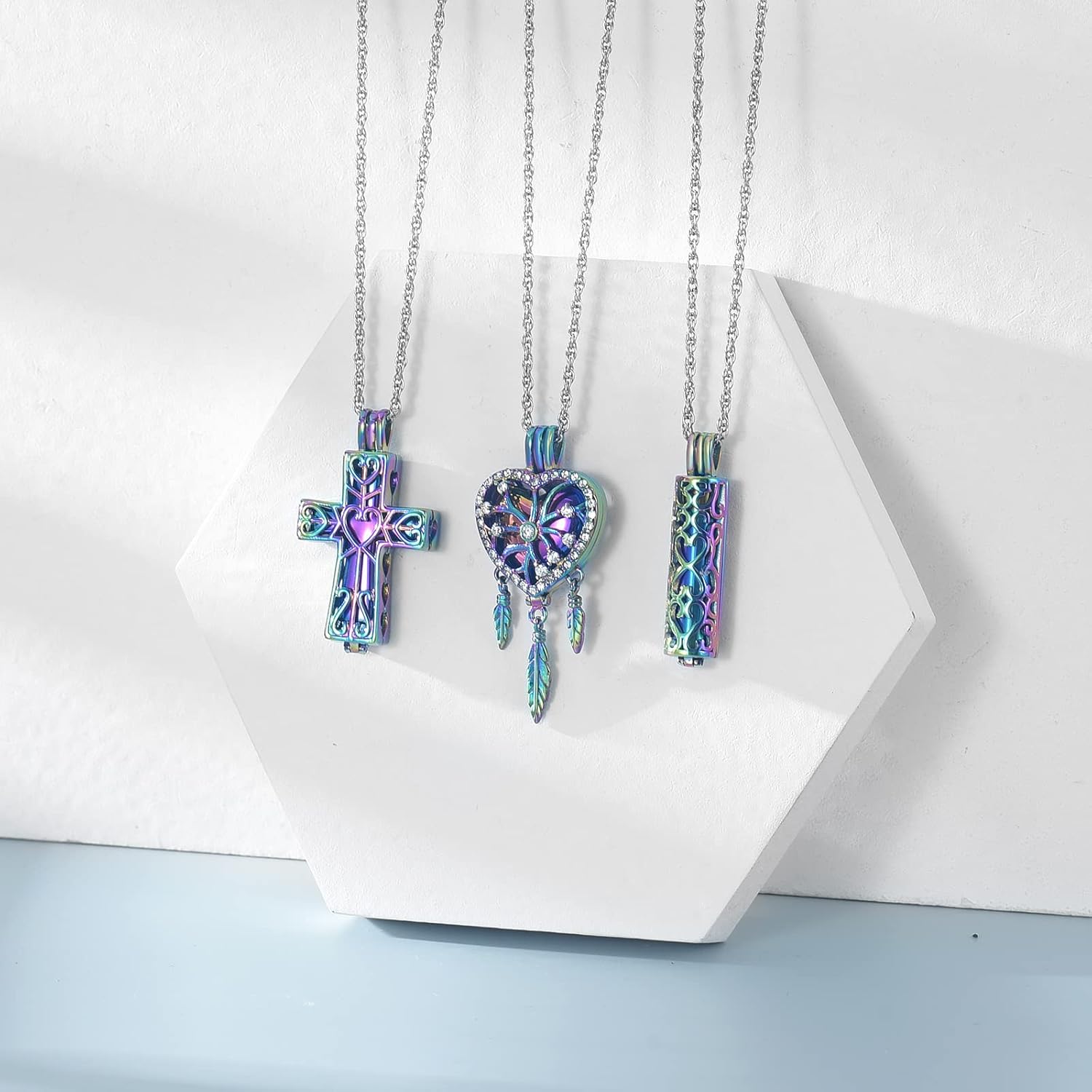 shajwo 3 Pack Cremation Urn Necklace for Ashes for Women Men Heart Lotus Cross Cylinder Cremation Jewelry for Ashes Loved One Memorial Keepsake Pendant