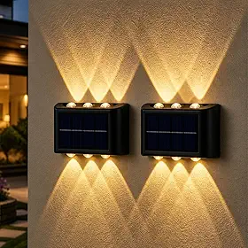 Kit 2 Arandela Solar LED Externa Parede 6 Fachos Luz Branco Quente Sensor Automático IP65 À Prova d’Água Luminária Solar Jardim Muro Fachada Escada Varanda