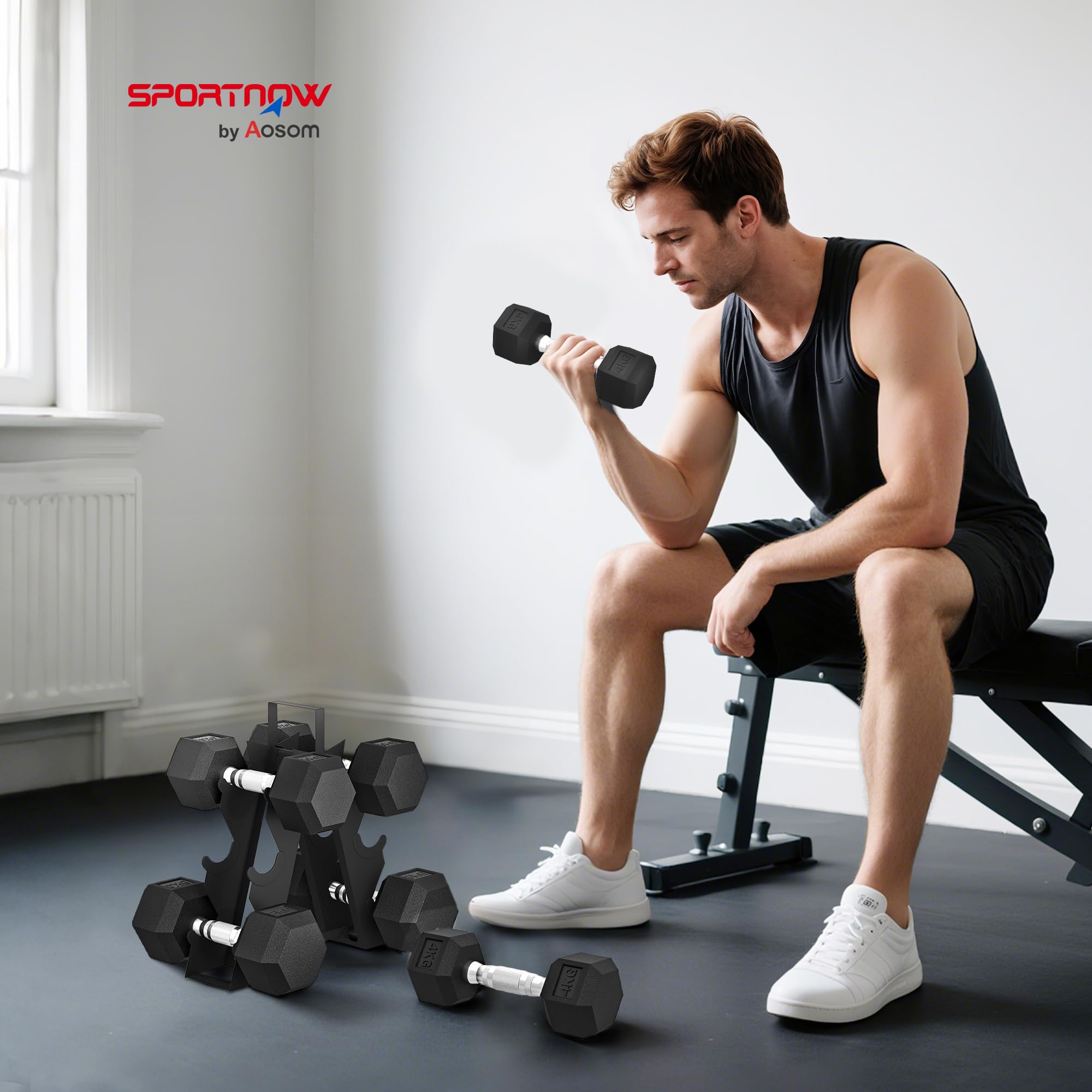 SPORTNOW Juego de Mancuernas de 6 Piezas 30 kg/36kg, Mancuernas Hexagonales2x2kg-2x8kg, con Soporte de Almacenamiento y Mango Antideslizante para Entrenamiento en Casa Gimnasio, Negro