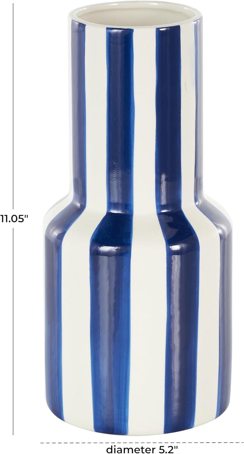 Deco 79 Ceramic Decorative Vase Round Centerpiece Vase with Blue Vertical Stripes, Flower Vase for Home Decoration 5" x 5" x 11", White - Image 6