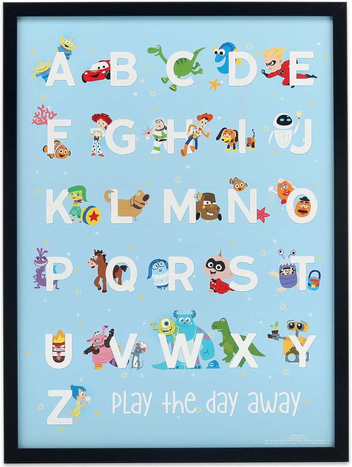 Disney Pixar Alphabet Framed Wood Wall Decor - Large Pixar Movie Wall Art Featuring Toy Story, Cars, The Incredibles and More Blue