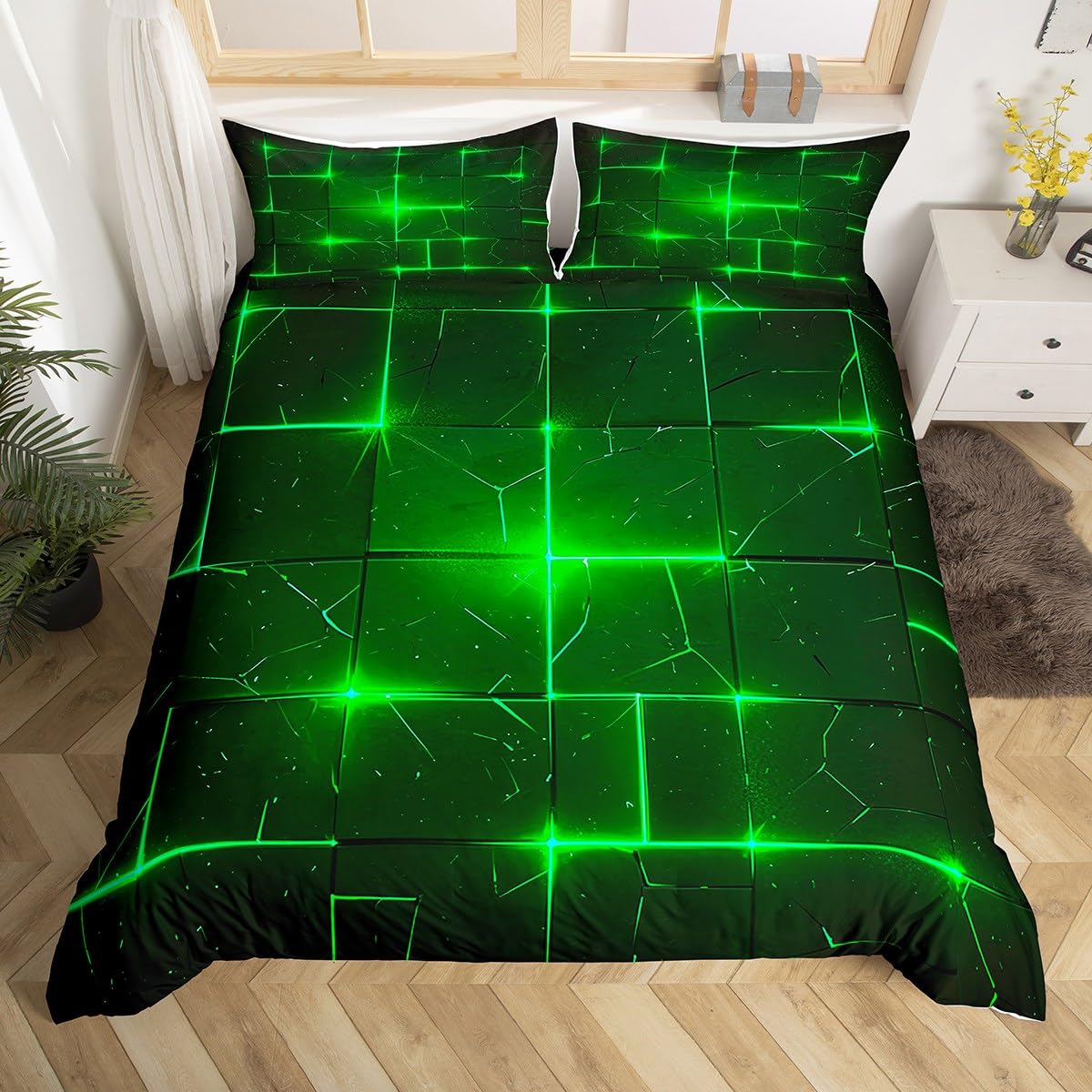 Green Black Geometric Bedding Set,Abstract Geometric Comforter Cover Set for Teens Women Room Decor,Modern Fashion Duvet Cover Breathable Video Games
