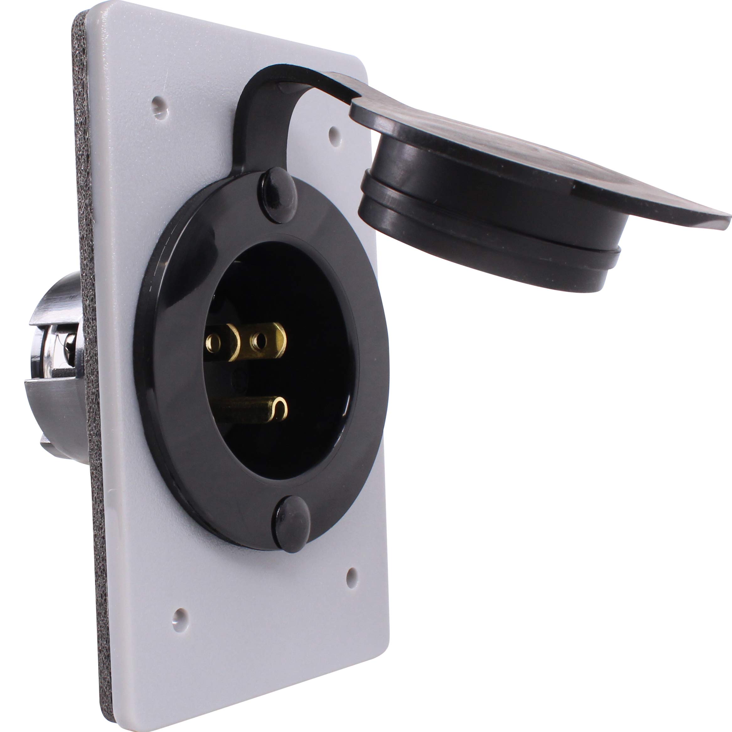 HJP-5278-CWP 15 AMP Straight Blade Flanged Male Power Inlet Receptacle, 15 A, 125 V, NEMA 5-15P, Integrated Nylon Faceplate, Body and Rubber Waterproof Cover (1, Black/Grey)