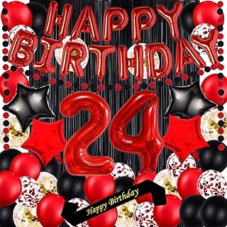 Red 24TH Birthday Party Decorations Supplies Red theme 16inch Red Foil Happy Birthday Balloons Banner Happy Birthday sash Foil Black Curtains Foil Balloons Number Red 24 Risehy