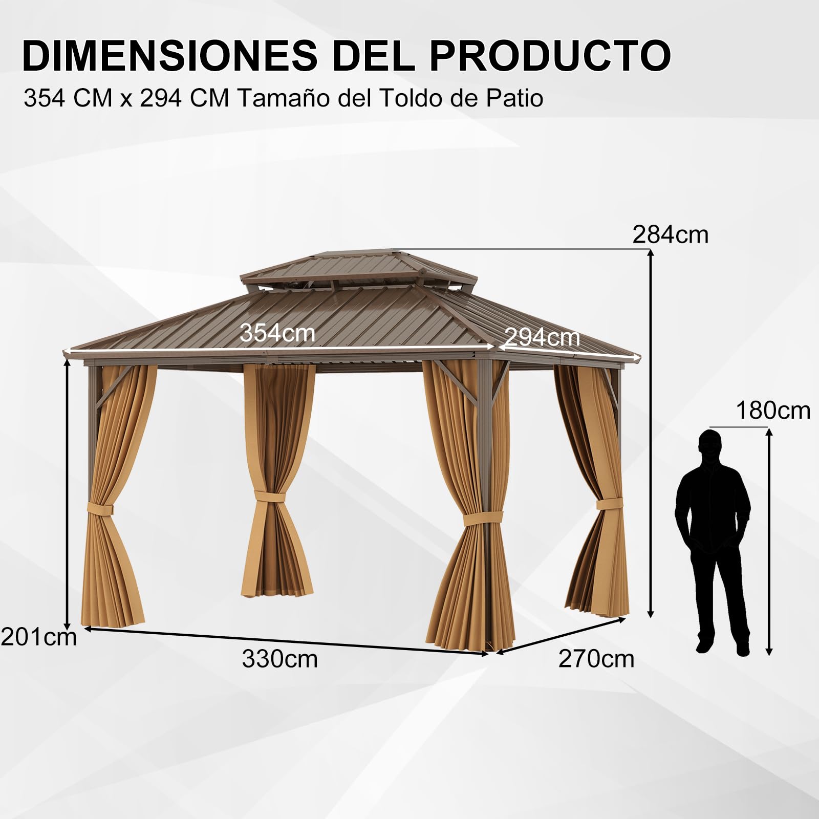 COSTWAY Carpa de Jardin 354 x 294 cm, Pabellón con 4 Mosquiteras, Cortinas, Techo Metálico Doble Galvanizado, Estructura de Aluminio, Cenadores para Jardin Terraza