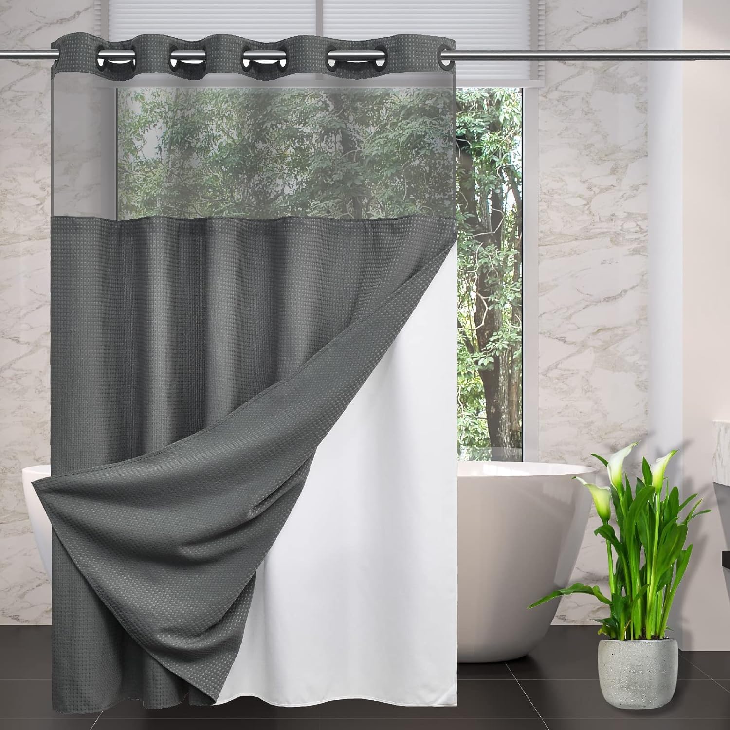 CYPL No Hooks Required Long Waffle Weave Shower Curtain with Snap in Liner-Hotel Grade Waterproof & Mesh Top Window Spa Like Bath Curtain Machine
