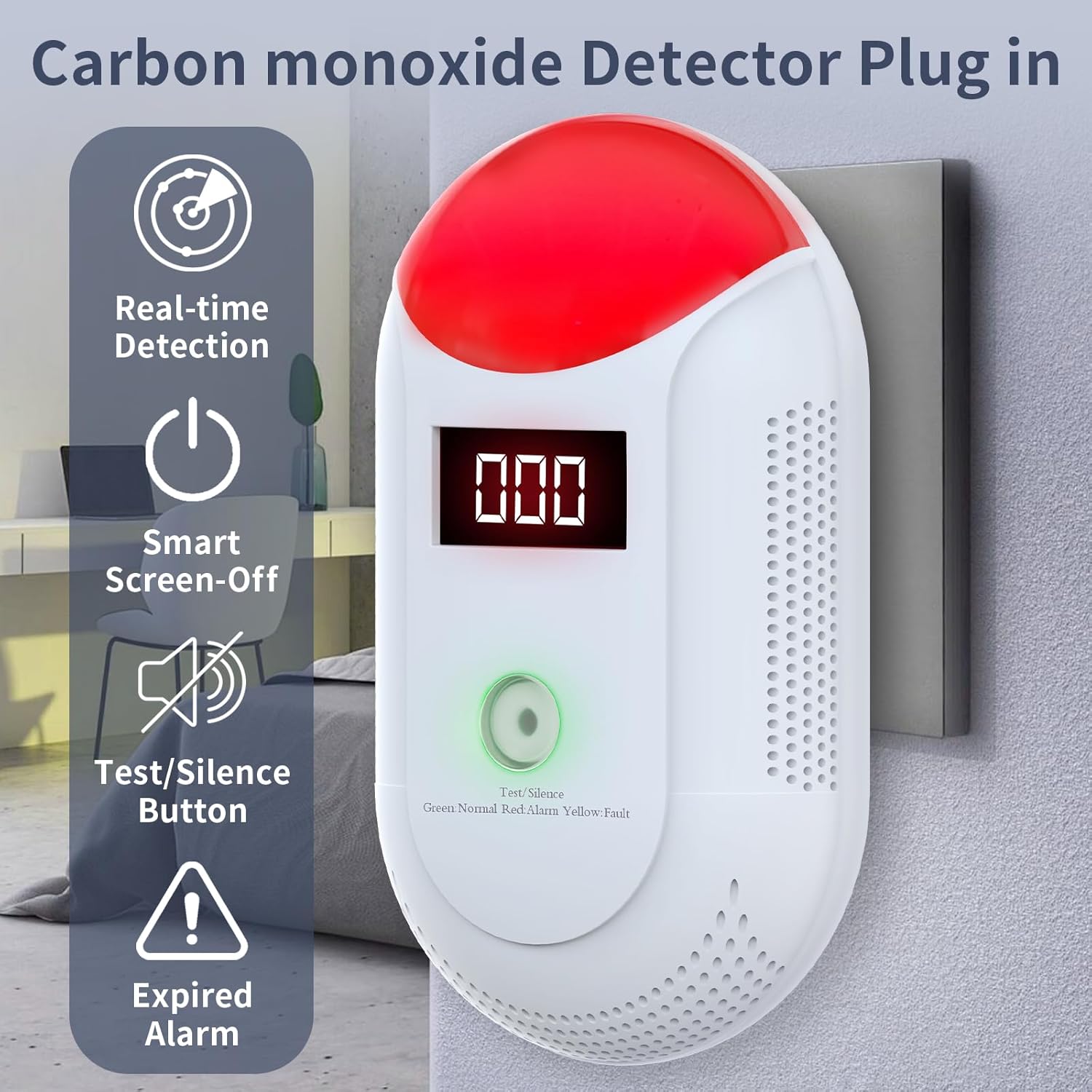 Carbon Monoxide Detectors Plug in, Carbon Monoxide Alarm with Digital Display Sound and Light Warning, Co Detector Plug in for Travel, Kitchen, Living Room, Bedroom GLY-CO806, 1 Pack - Image 3