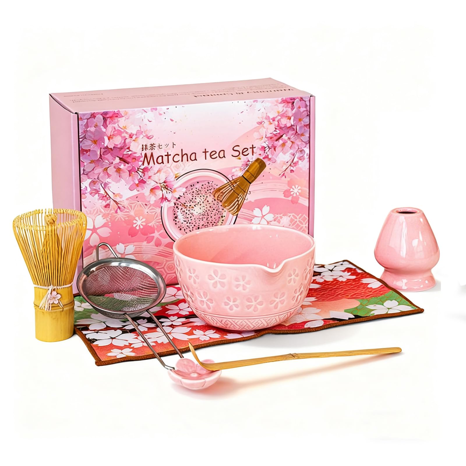 Zestaw Matcha 7-częściowy, różowy, zestaw do herbaty Matcha z trzepaczką Matcha, ceramiczną miseczką Matcha i uchwytem na trzepaczkę oraz sitem