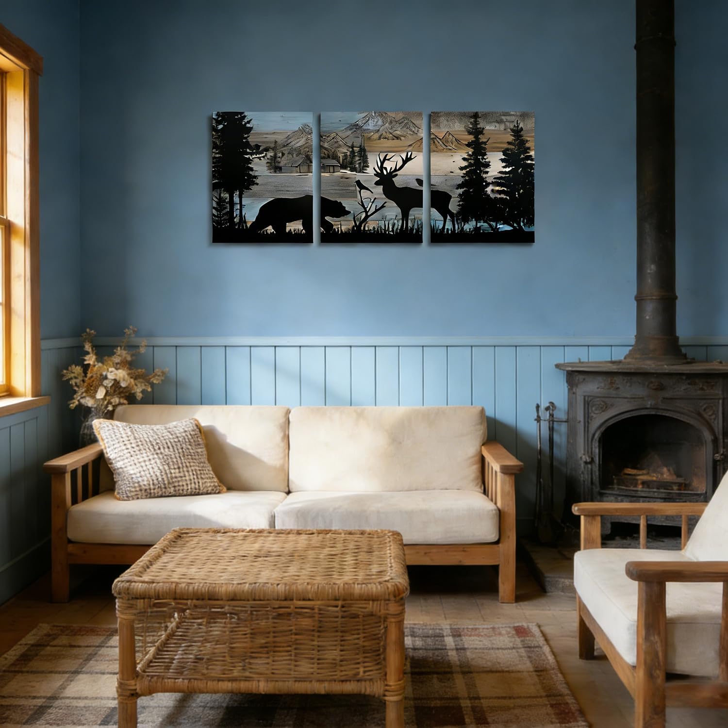 Erosebridal Rustic Farmhouse Wall Decor Cabin Deer Bear Wall Art Hunting Animal Theme Pictures Prints - Canvas Framed - For Bedroom Living Room,Lodge Mountain Pine Tree Posters 3 Pcs 12"X16"