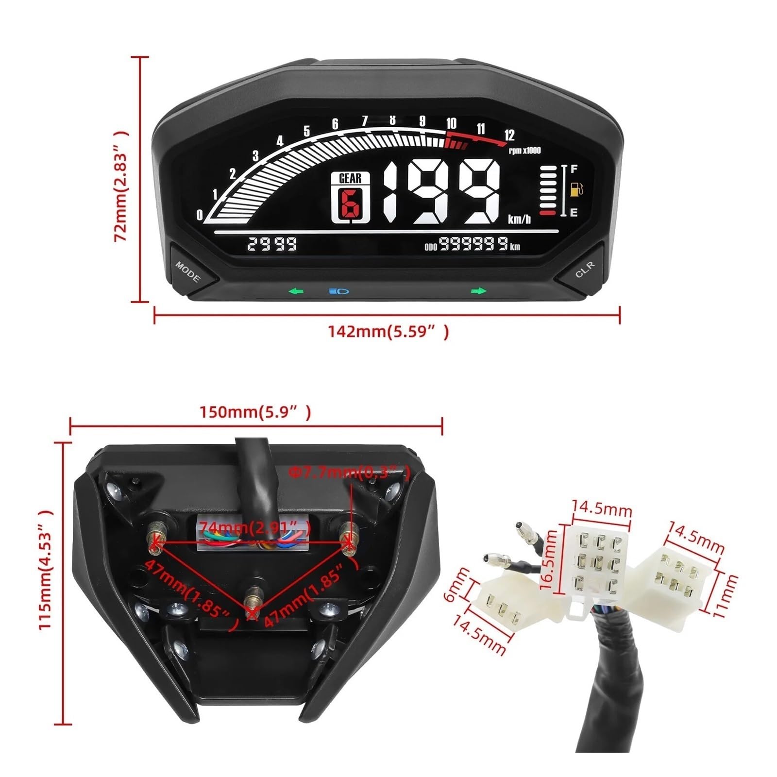 Tablero de moto Accesorios para motocicletas Velocímetro universal Retroiluminación digital Odómetro Tacómetro para motor de 1, 2 y 4 cilindros