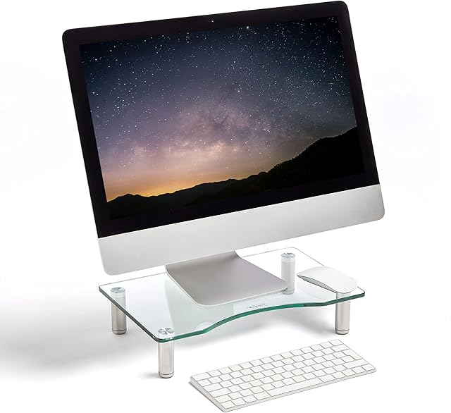 VonHaus Monitor Stand for Desks - Height Adjustable - Screen Riser for Computers, Laptops & TVs - Clear Curved Glass with Aluminium Legs - Designed for Home or Office - 38.5 x 24cm