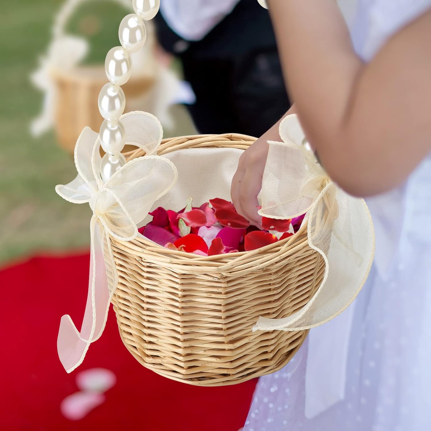 Pearl Hand Basket,Woven Basket with Handle,Small Flower Basket,Flower Girl Basket,Rattan Flower Basket,Mesh Flower Girl Baskets for Wedding Ceremony Picnic Candy Party (S/2PCS)