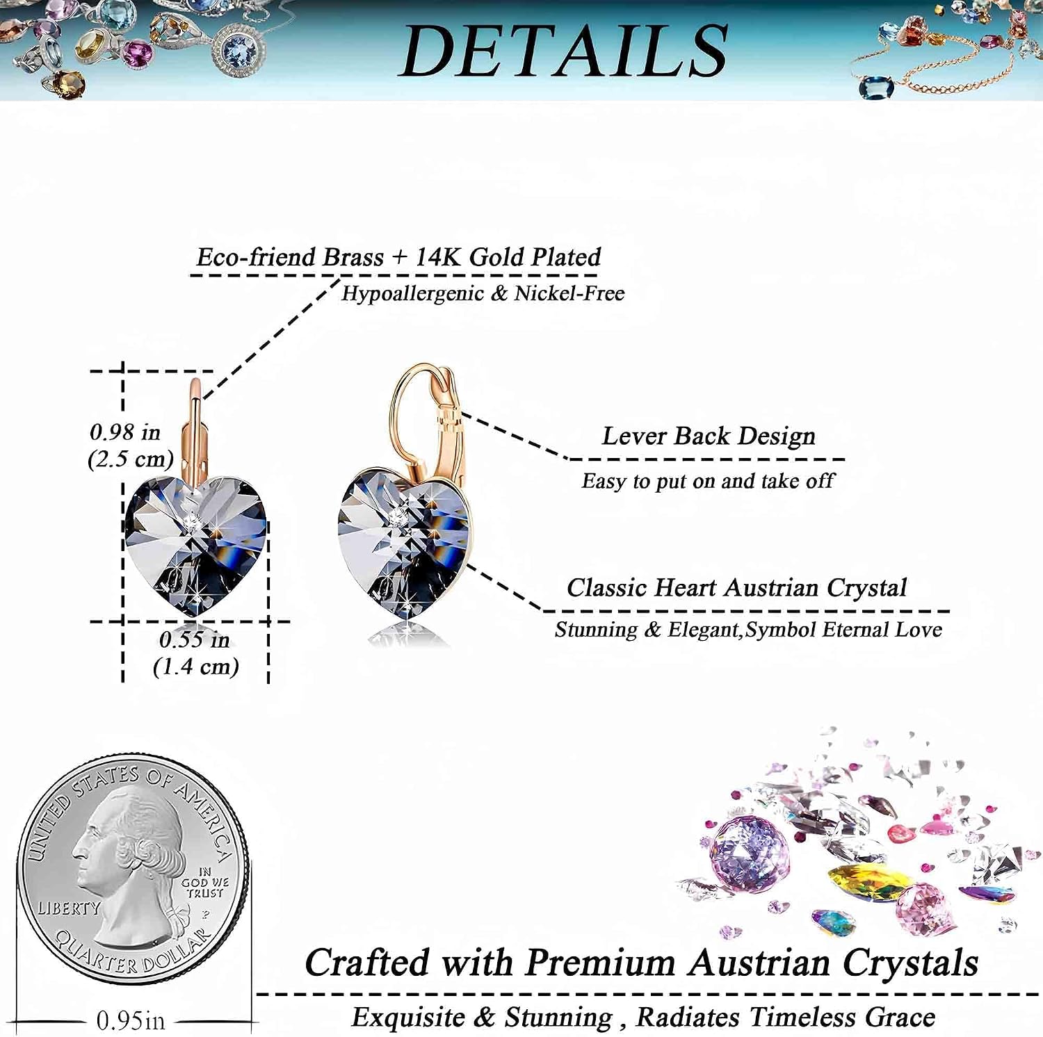 Austrian Crystal Heart Drop Leverback Earrings for Women 14K Rose Gold Plated Hypoallergenic Jewelry