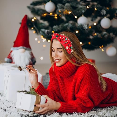 Miniatura 2 de NVENF Diadema a cuadros con cristales y perlas adornados, accesorio para el cabello con nudo superior ancho anudado para mujeres, trajes y regalos